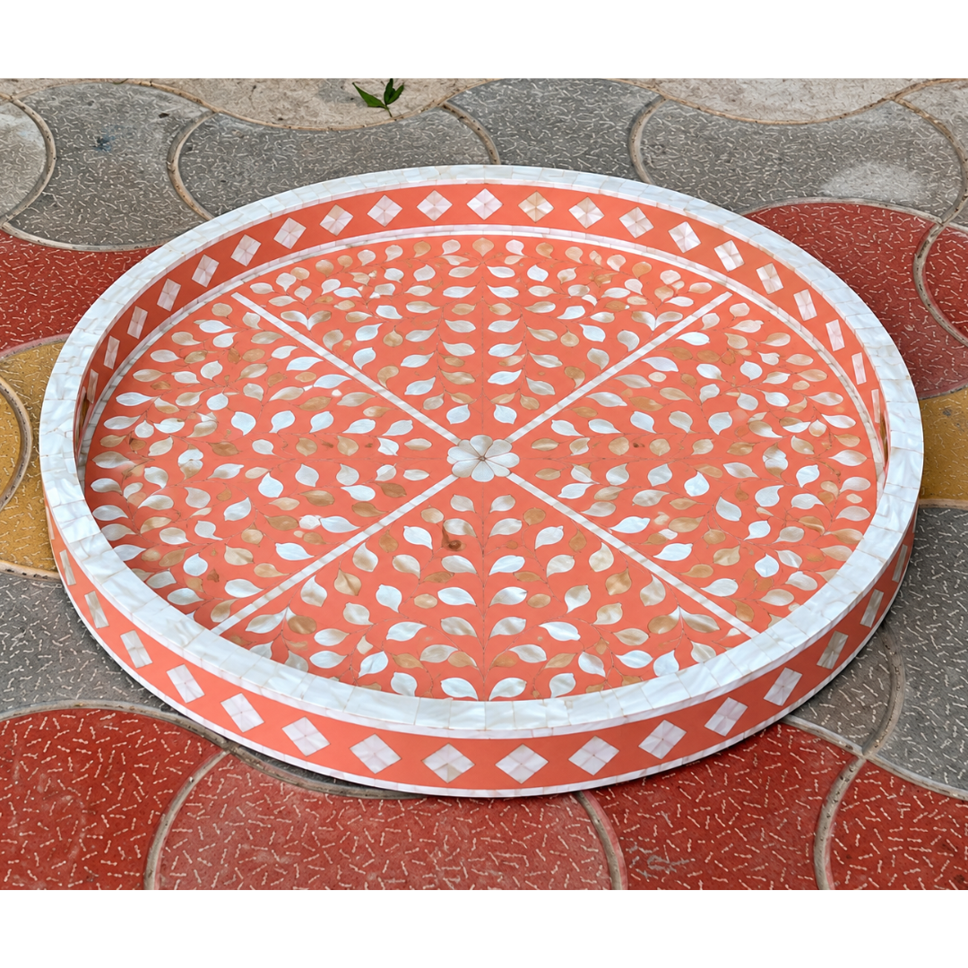Coral Mother of Pearl Inlay Round Serving Tray – Handmade Floral Decorative Tray