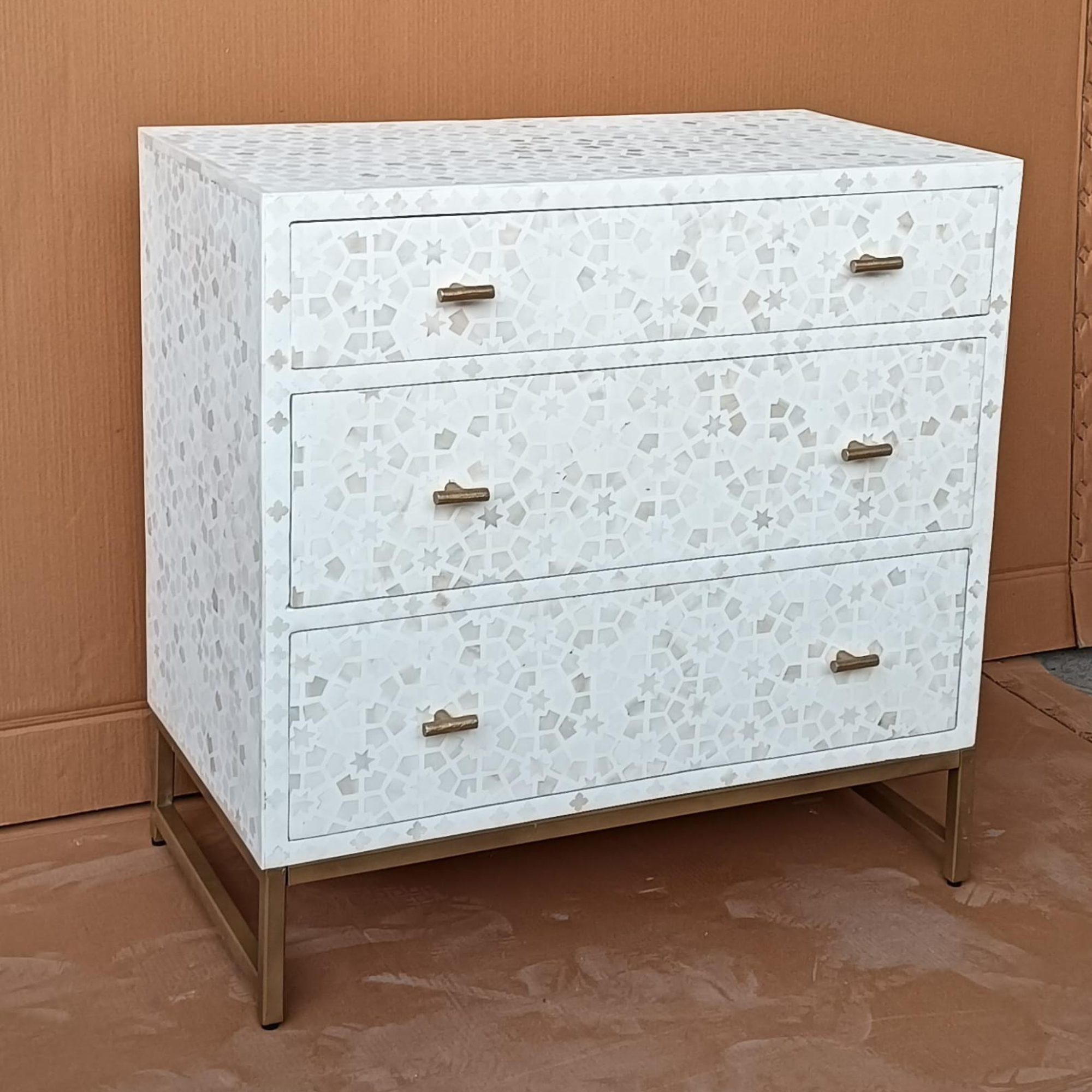 White Bone Inlay 3 Drawer Dresser Chest – Geometric Pattern Storage Cabinet
