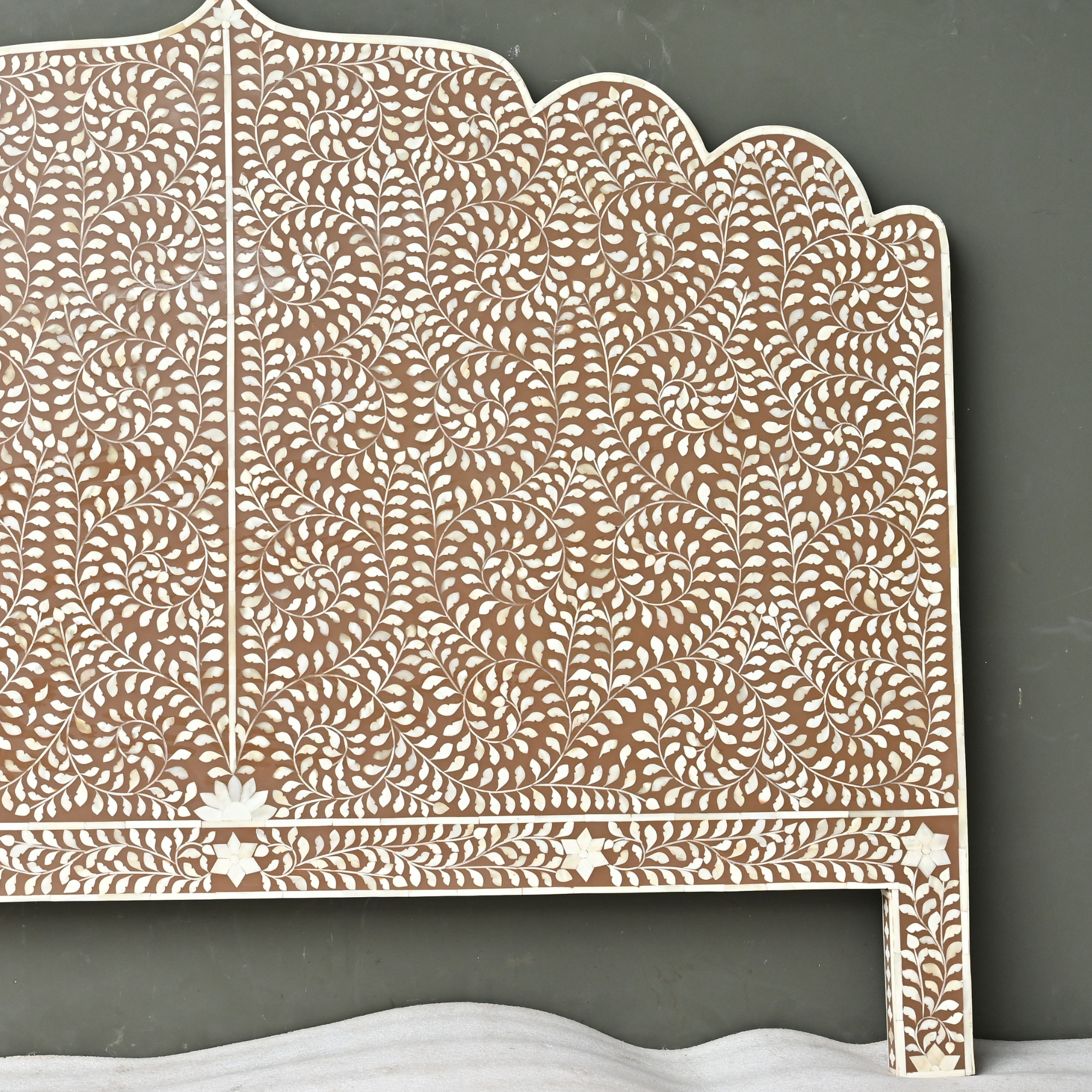 Brown Floral Bone Inlay Headboard – Handmade Scalloped Luxury Bedhead