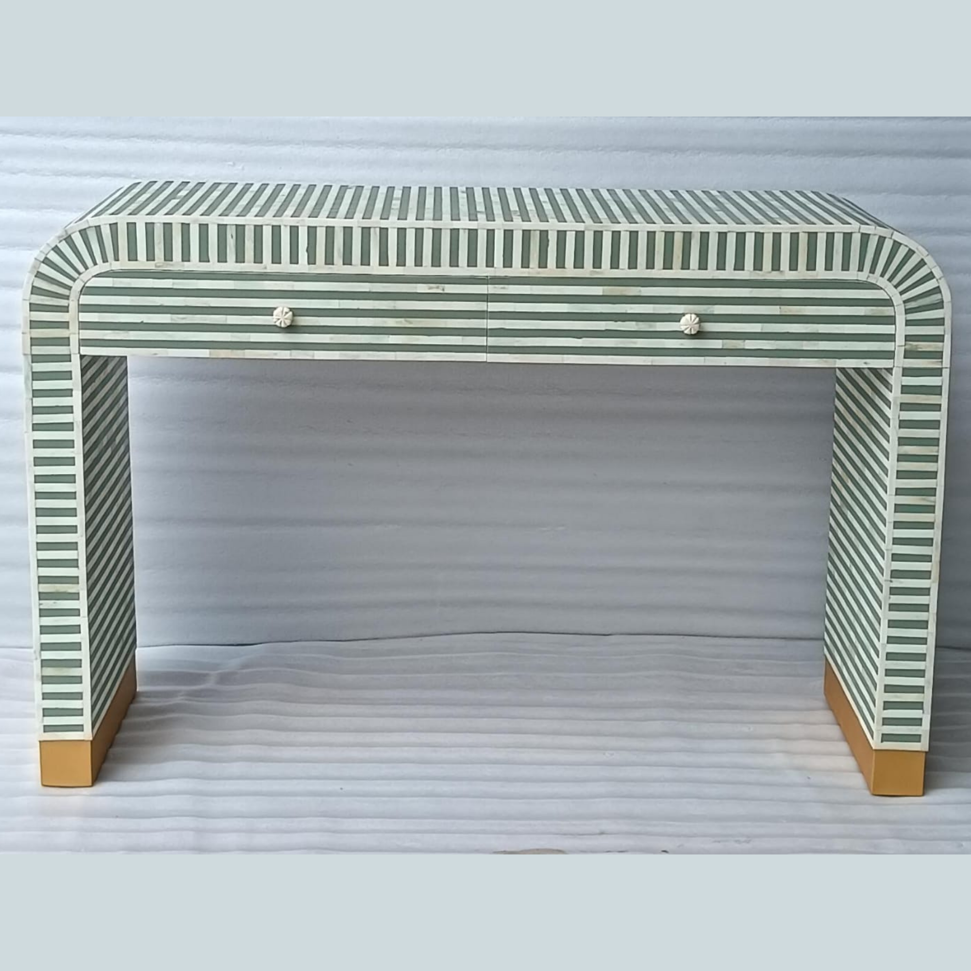 Green Striped Bone Inlay Console Table with Drawers | Handmade Waterfall Entryway Table