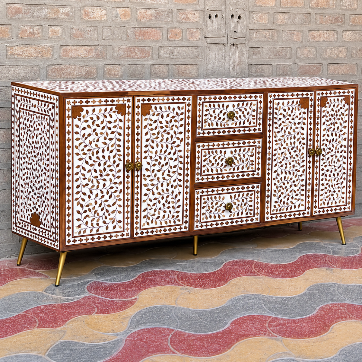 Handmade Brown & White Bone Inlay Sideboard – Floral 4 Door Credenza with 3 Drawers