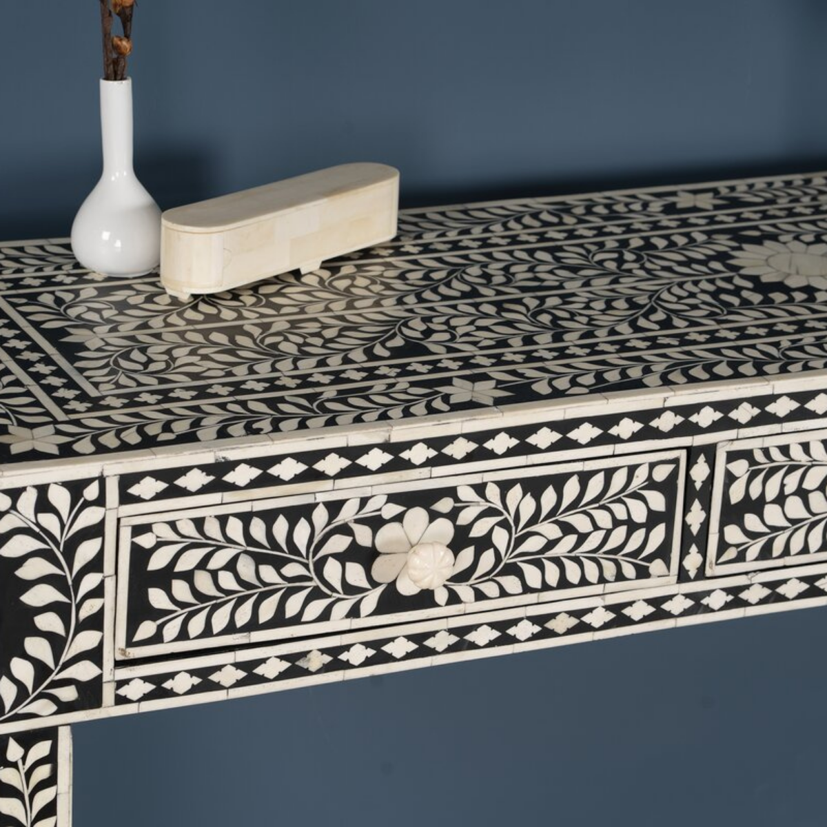 Black Bone Inlay Console Table with 3 Drawers | Handmade Floral Entryway Console