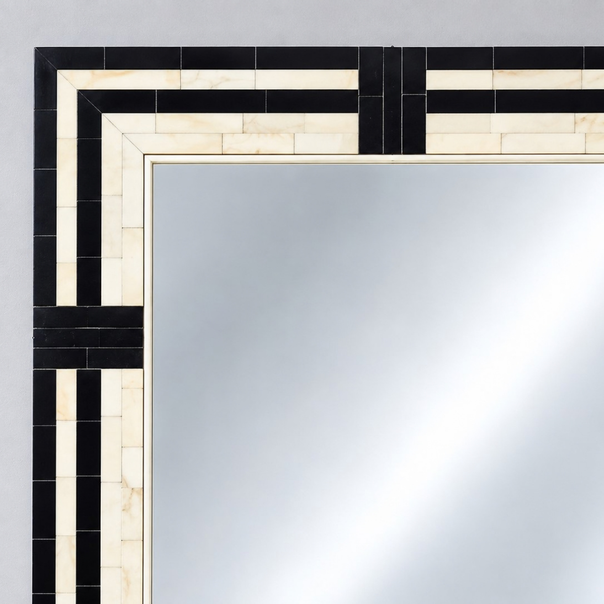 Handmade Black & Ivory Bone Inlay Mirror – Geometric Rectangular Wall Mirror
