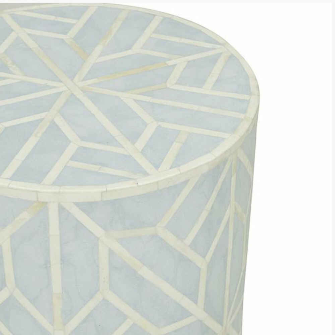 Handmade Bone Inlay Round End Table Blue Geometric Pattern Accent Side Table Modern Luxury Furniture