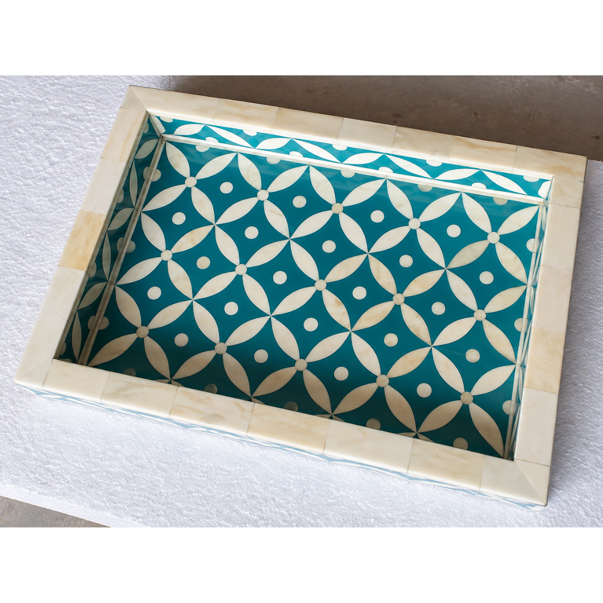 Handmade Teal Bone Inlay Tray – Geometric Leaf Pattern Decorative Tray