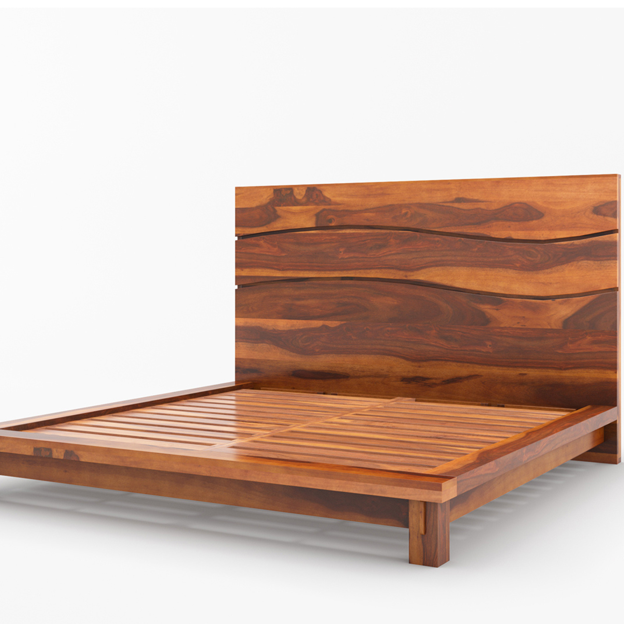 Luxury Solid Wood Platform Bed with High Headboard – Modern Wave Design Handmade Wooden Bed Frame