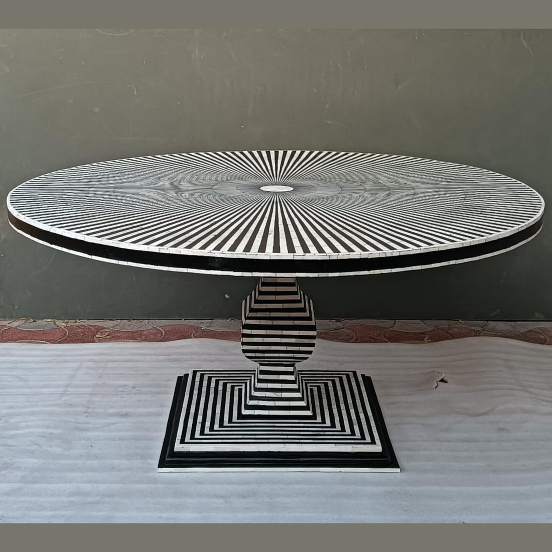 Handmade Bone Inlay Dining Table – Black White Stripe Round Dining Table, Modern Pedestal Table, Luxury Inlay Furniture