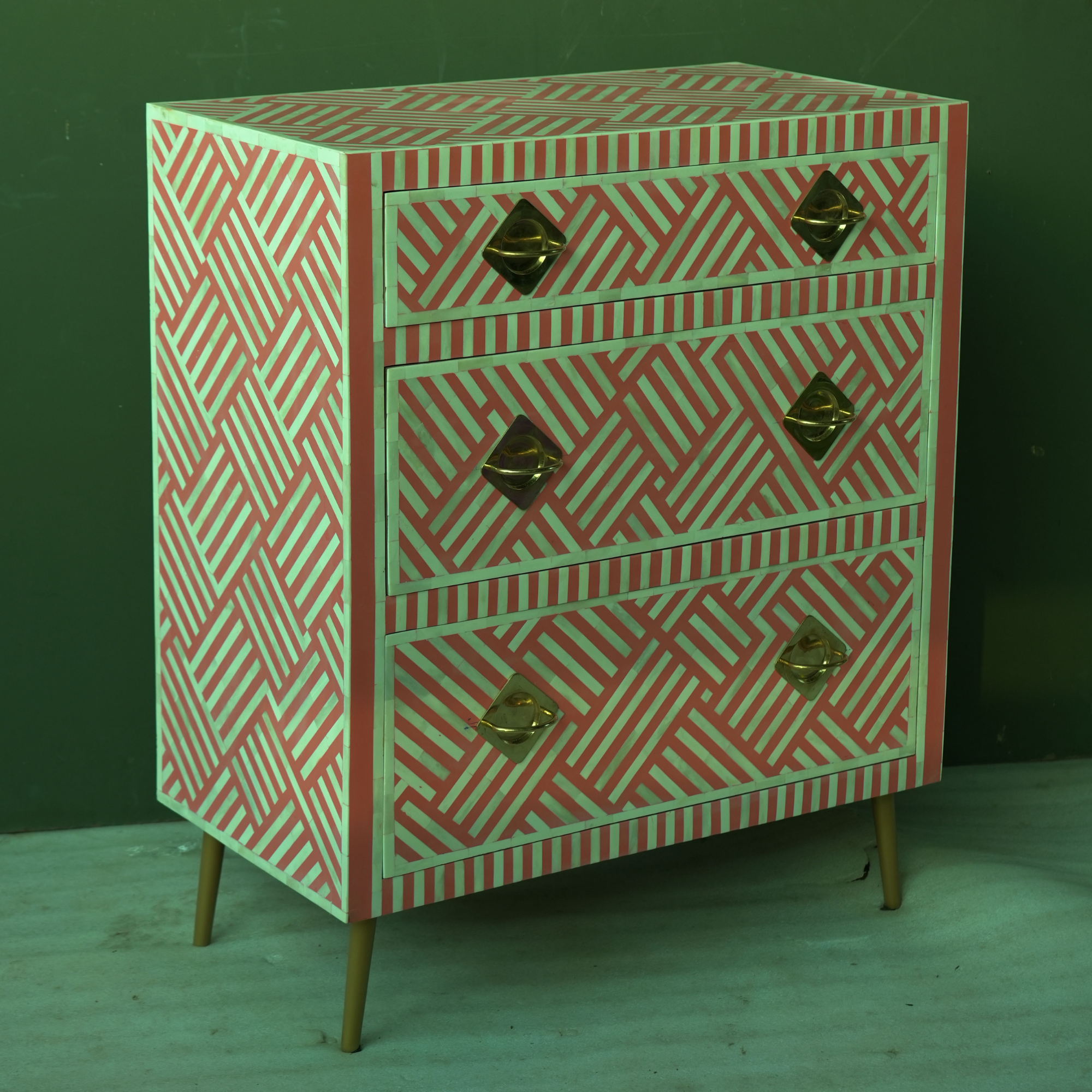 Handmade Pink Bone Inlay Chest of Drawers | Geometric 3 Drawer Dresser