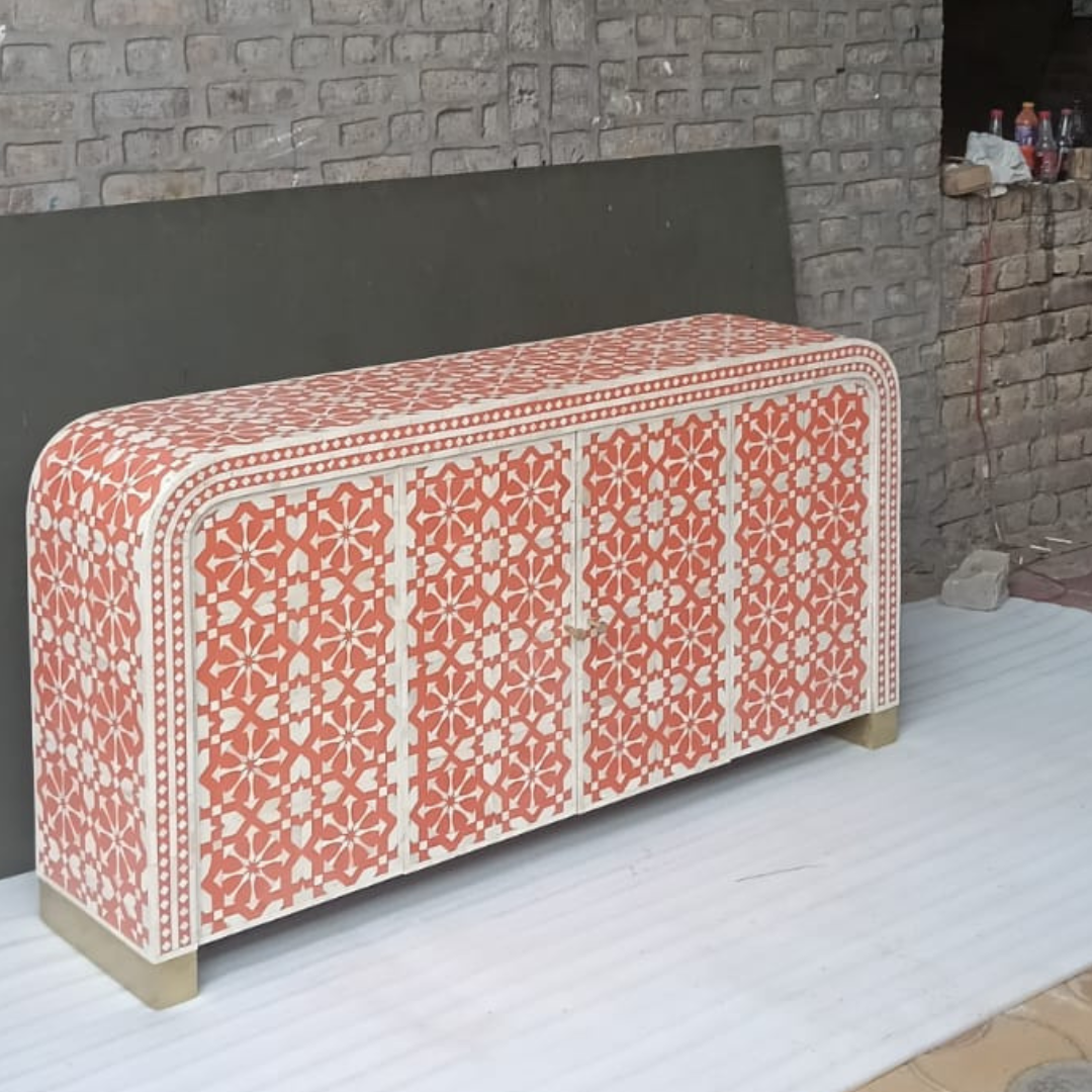 Handmade Bone Inlay Arrow Design Sideboard – Coral White Buffet Cabinet, Luxury Storage Credenza, Artisan Inlay Furniture