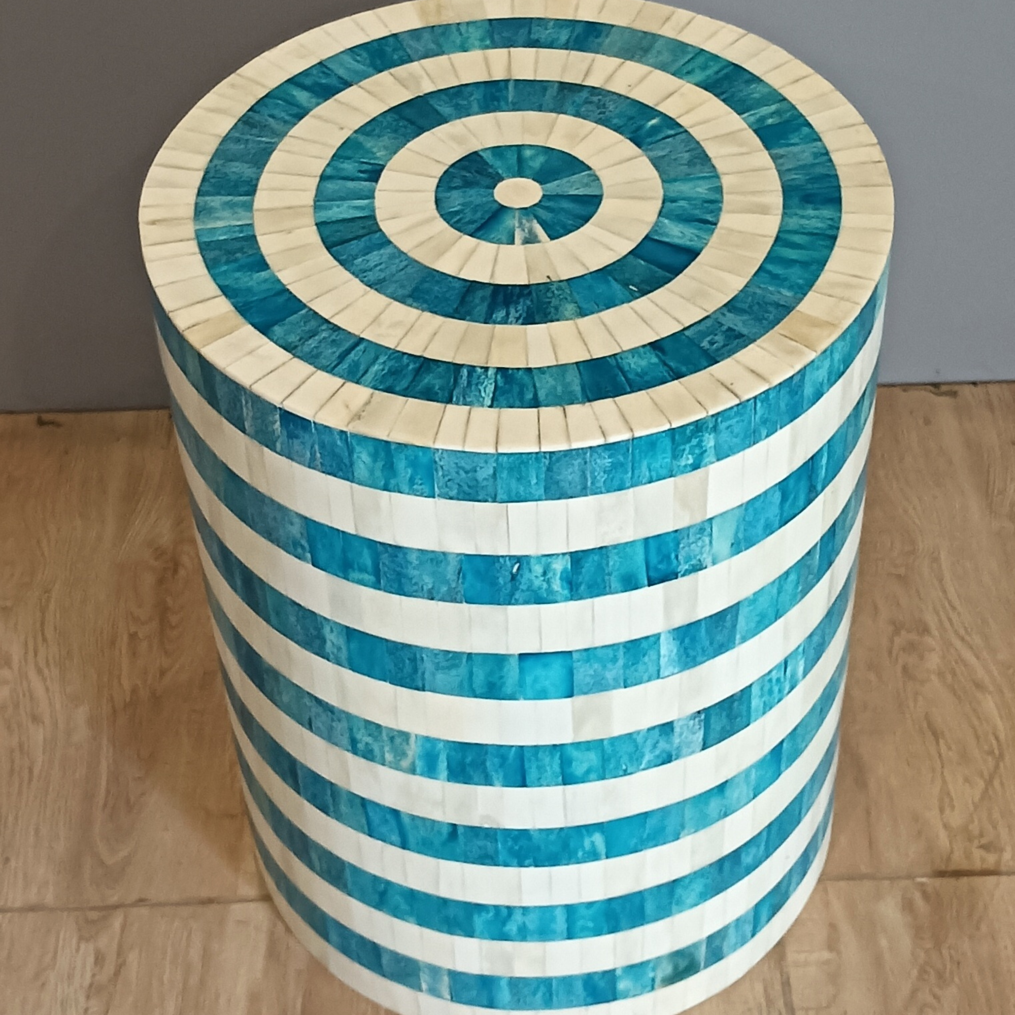 Handmade Bone Inlay End Table – Blue White Striped Side Table, Round Accent Table, Luxury Inlay Furniture, Modern Living Room Decor