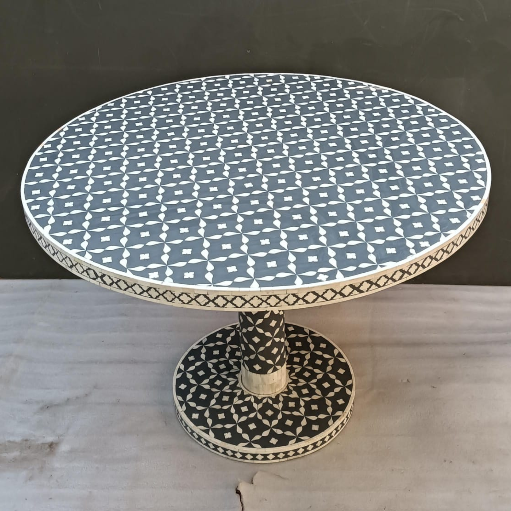 Handmade Bone Inlay Dining Table – Black White Geometric Round Table, Luxury Pedestal Dining Table, Artisan Inlay Furniture