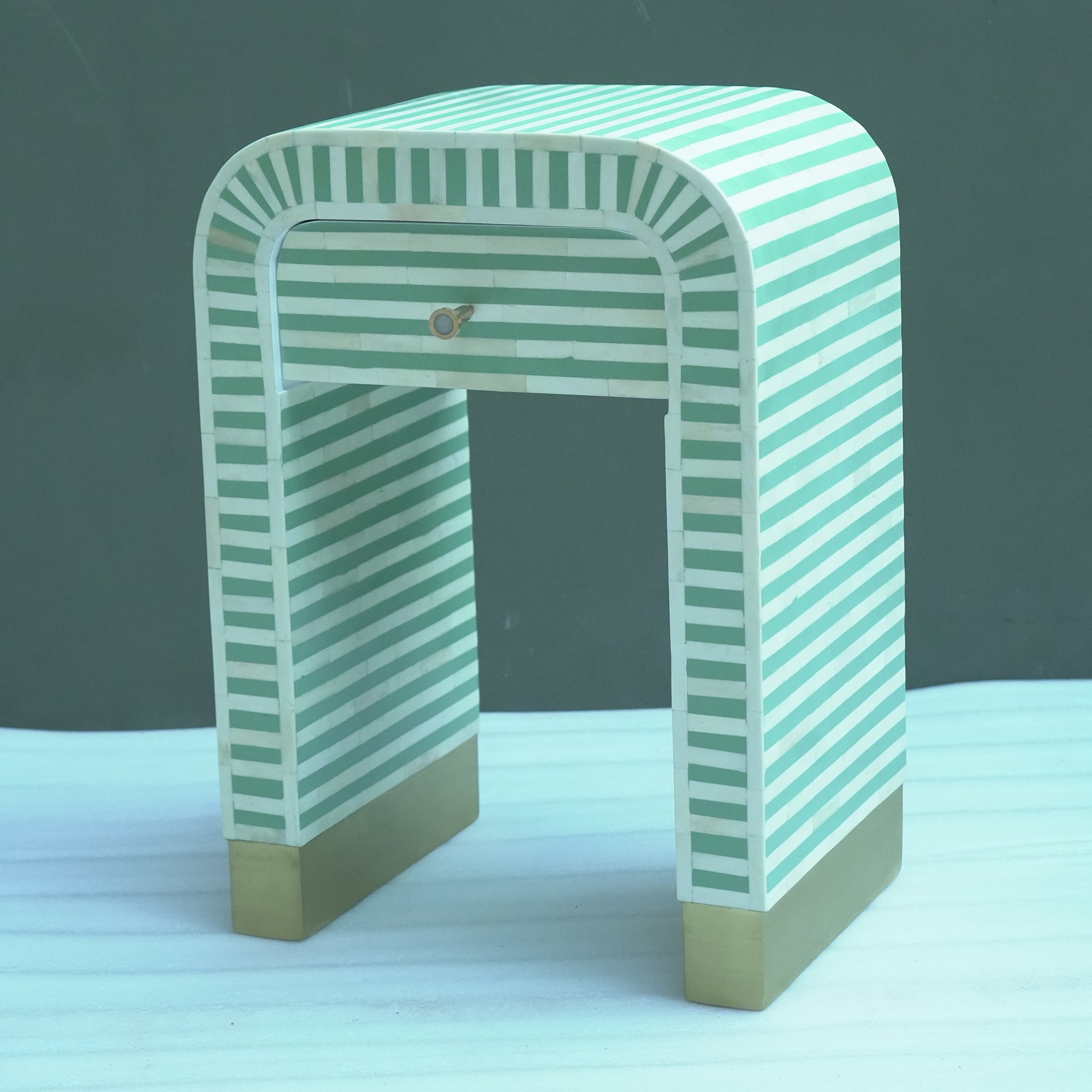 Handmade Bone Inlay Striped Bedside Table Mint Green – Modern Nightstand with Drawer Luxury Furniture