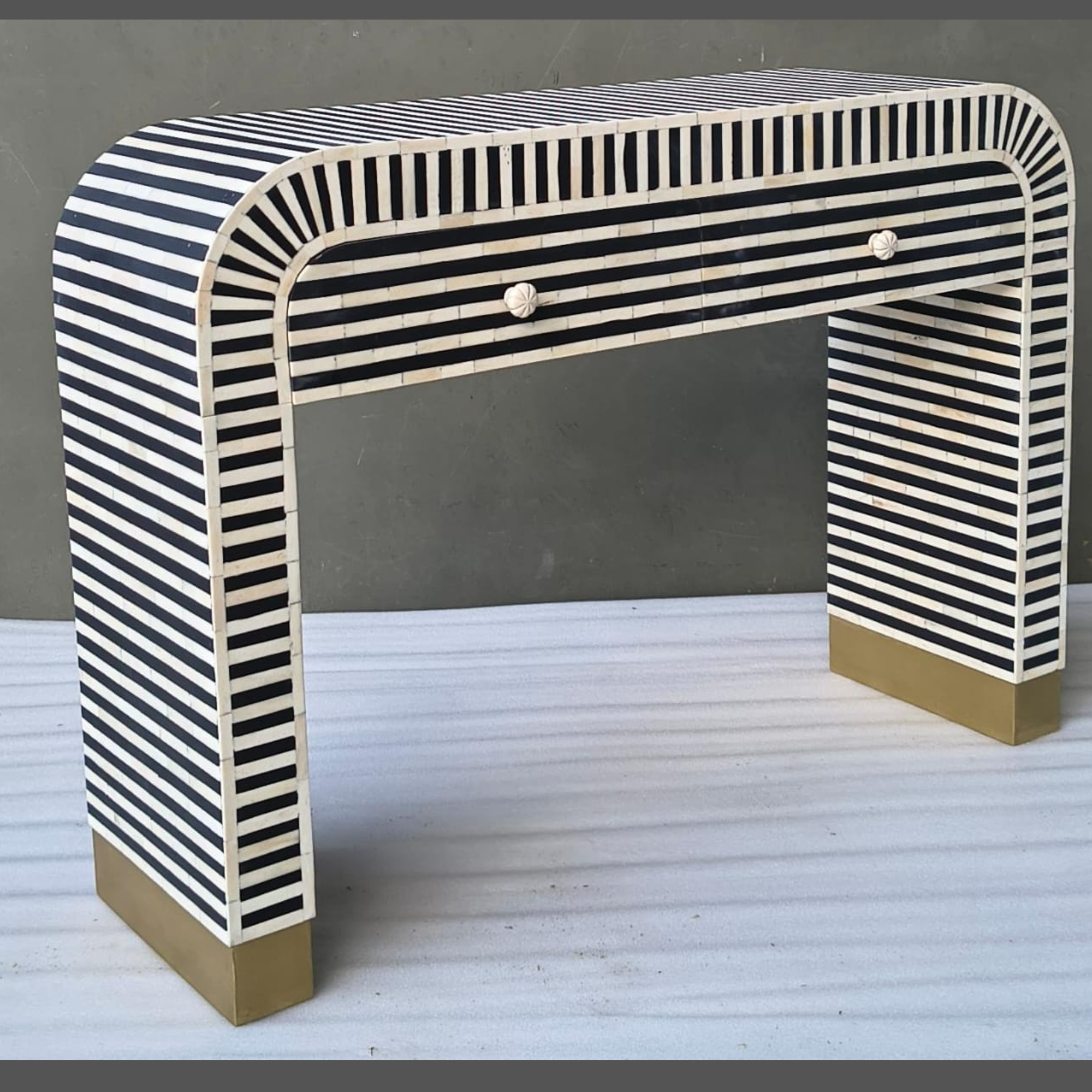 Handmade Bone Inlay Console Table – Black White Striped Entryway Table with Drawers, Modern Hallway Furniture