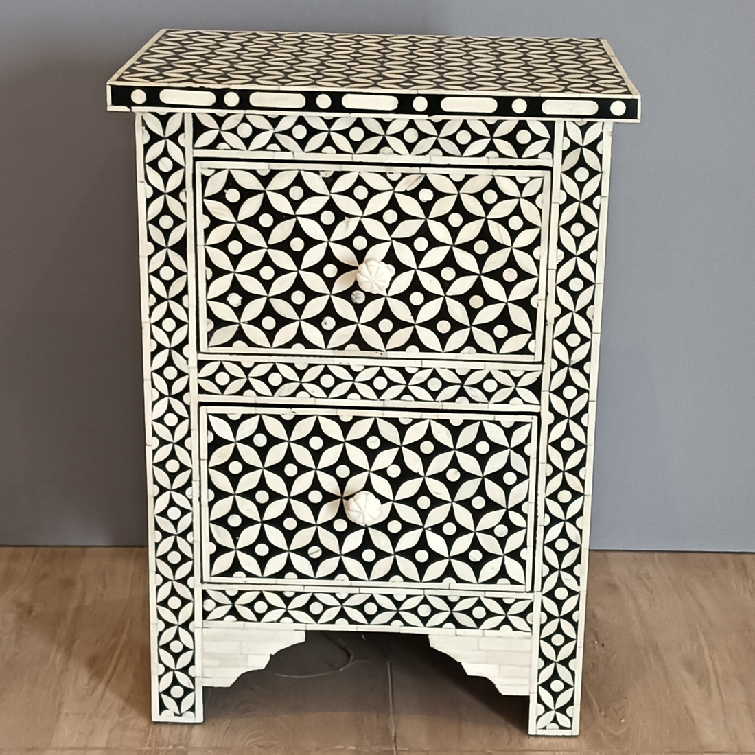 Handmade Bone Inlay Bedside Table with 2 Drawers – Black White Geometric Nightstand, Modern Inlay Furniture, Luxury Bedroom Side Table