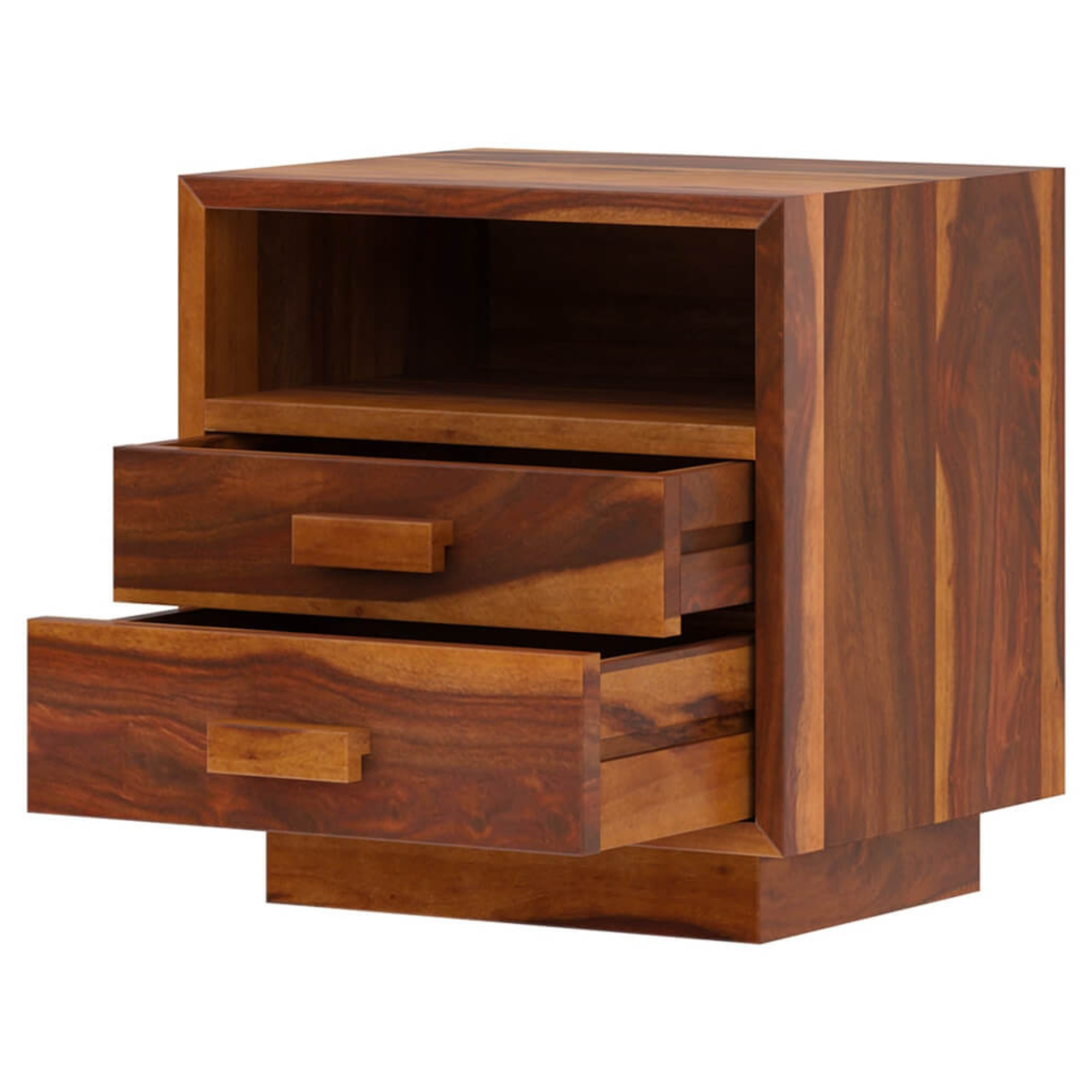 Modern Solid Wood Bedside Table with 2 Drawers & Open Shelf | Rustic Handmade Wooden Nightstand for Bedroom & Living Room