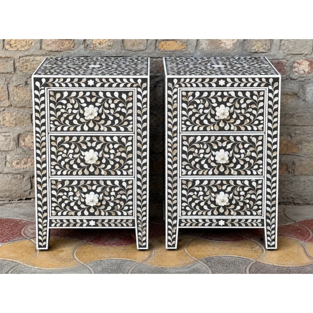 Set of 2 Black Mother of Pearl Inlay Bedside Tables – Handmade Floral 3 Drawer Nightstands