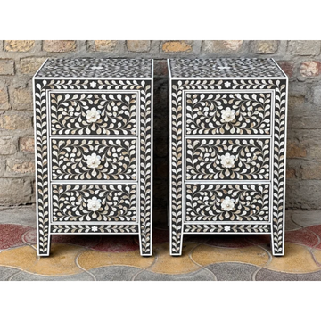 Set of 2 Black Mother of Pearl Inlay Bedside Tables – Handmade Floral 3 Drawer Nightstands