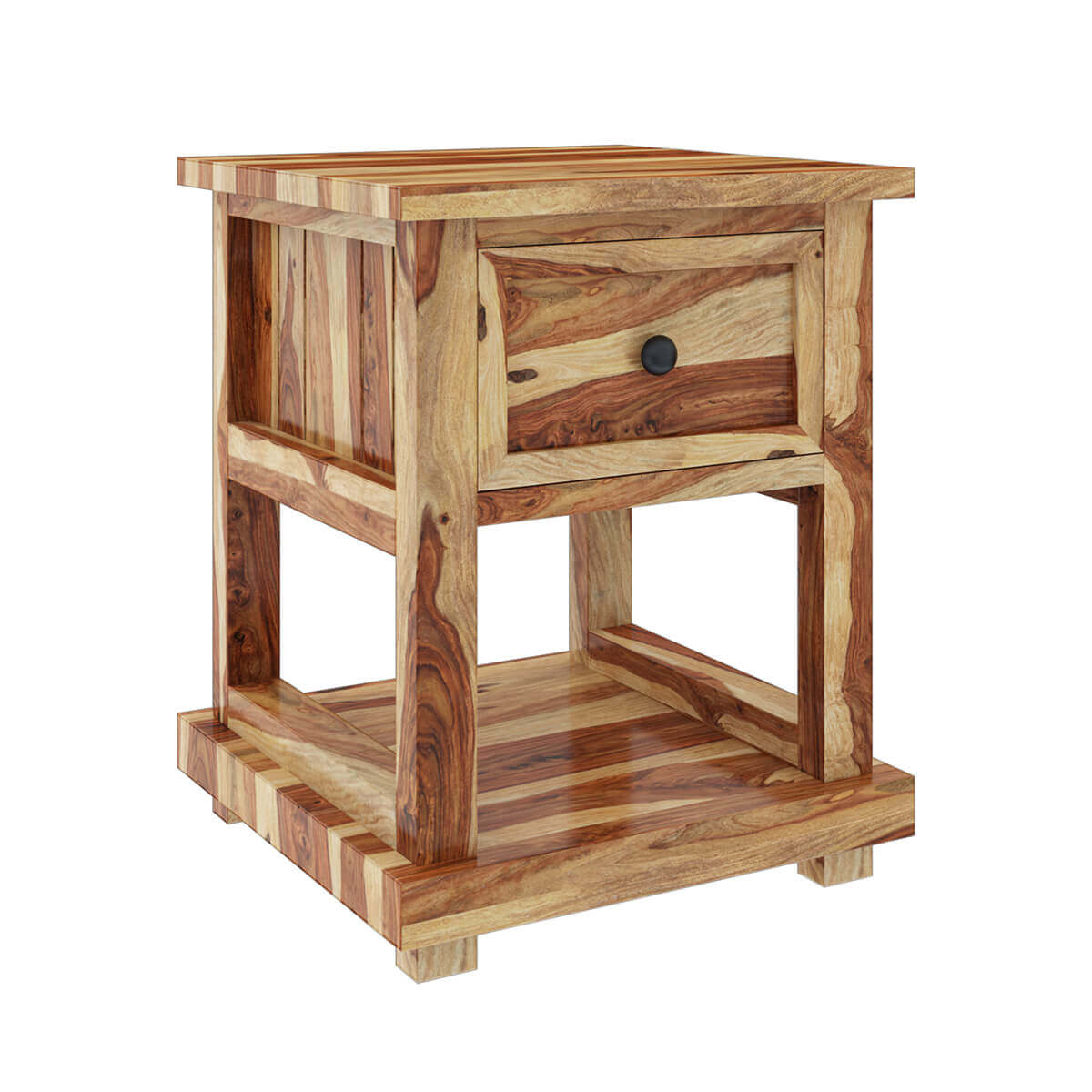 Solid Wood Bedside Table with Drawer & Open Shelf | Rustic Natural Wood Nightstand | Modern Bedroom Side Table