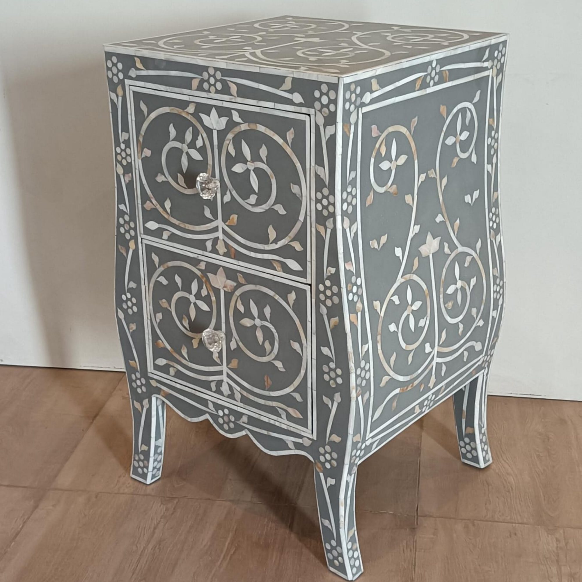 Handmade Black Mother of Pearl Inlay 2 Drawer Bedside Table