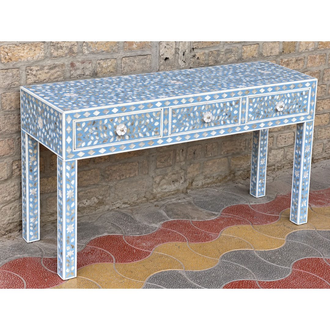 Blue Mother of Pearl Inlay Console Table with 3 Drawers – Handmade Floral Entryway Table
