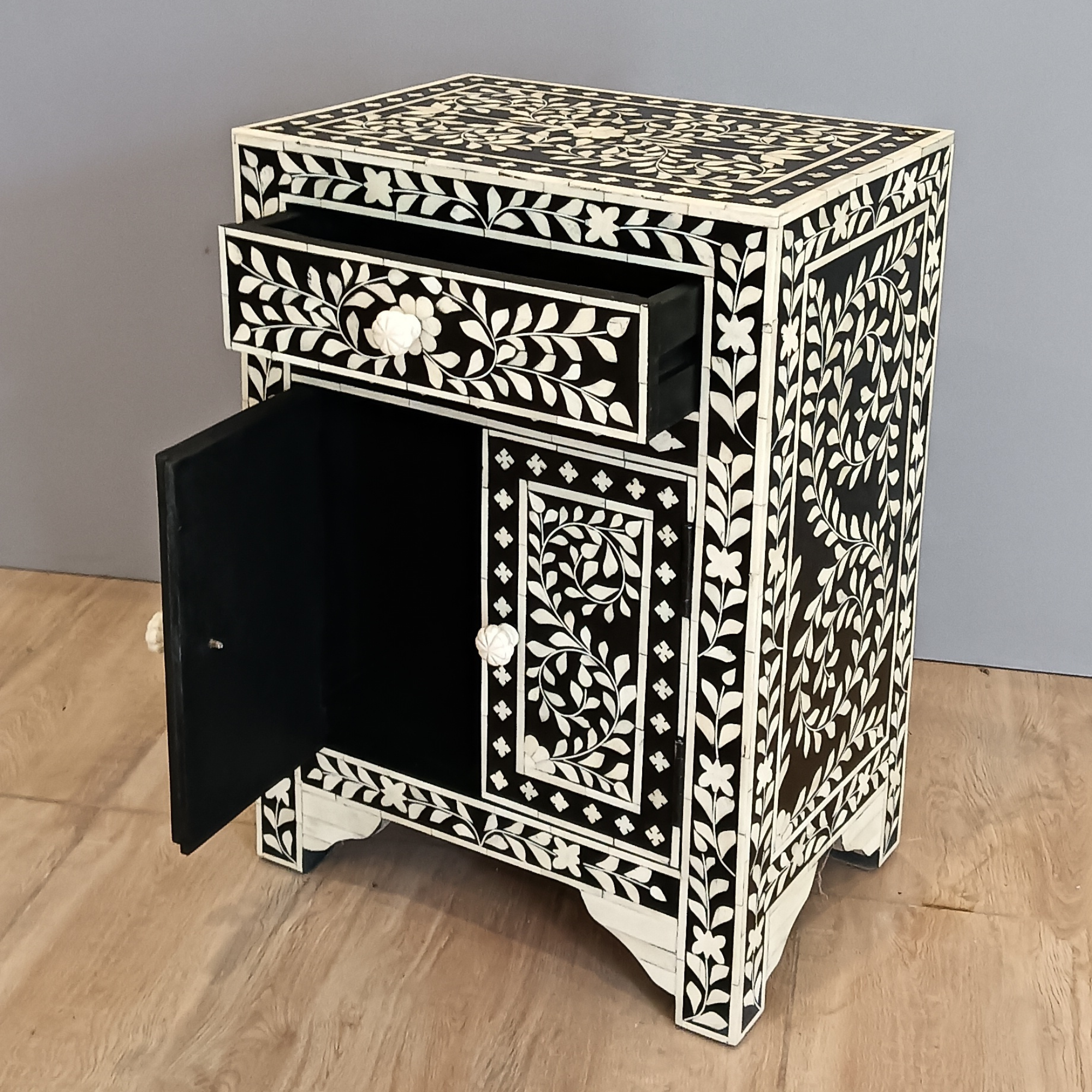 Handmade Bone Inlay Floral Bedside Table with Drawer & Cabinet – Black White Luxury Nightstand Furniture