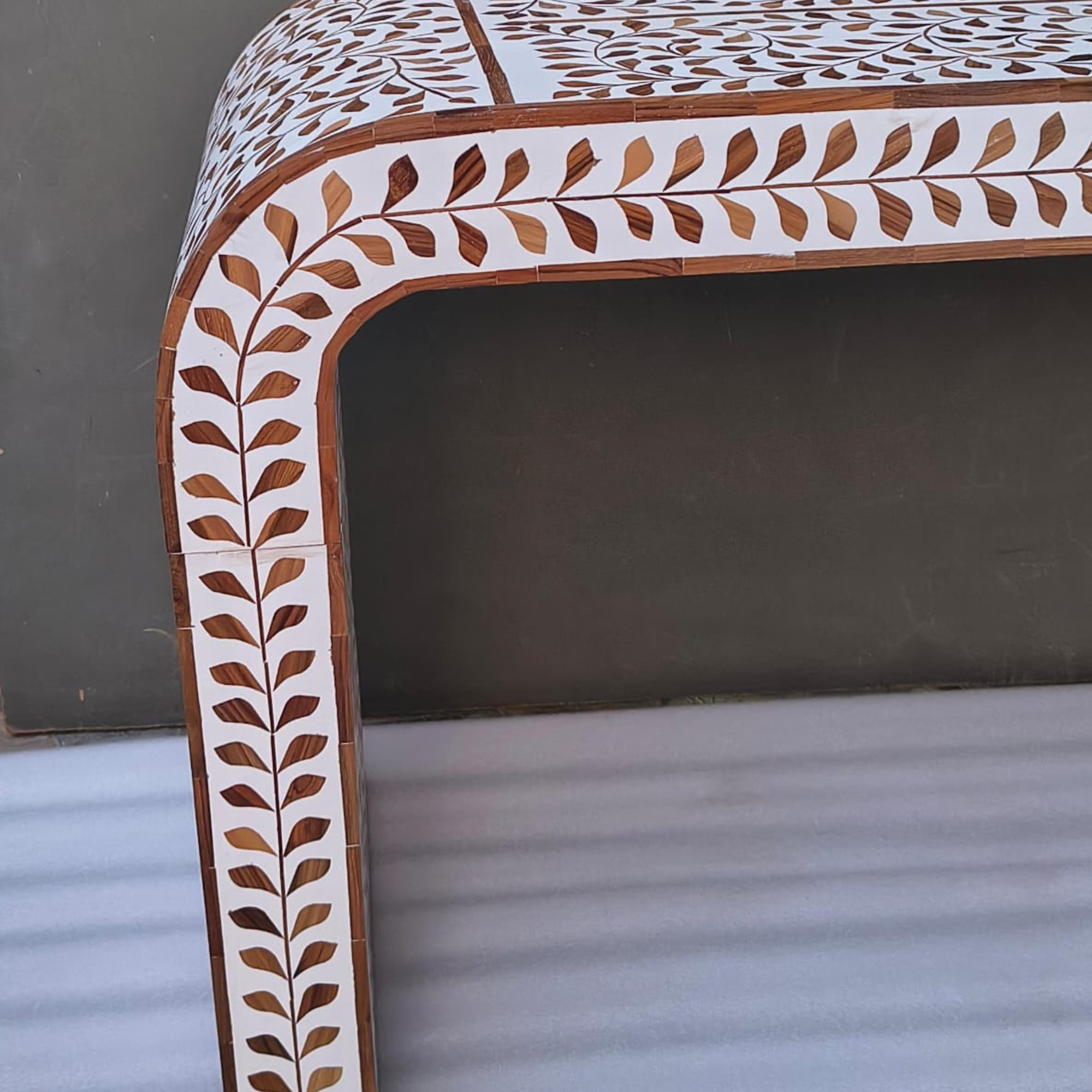 Handmade Bone Inlay Floral Console Table – Natural Wood Entryway Table, Luxury Hallway Table, Artisan Inlay Furniture