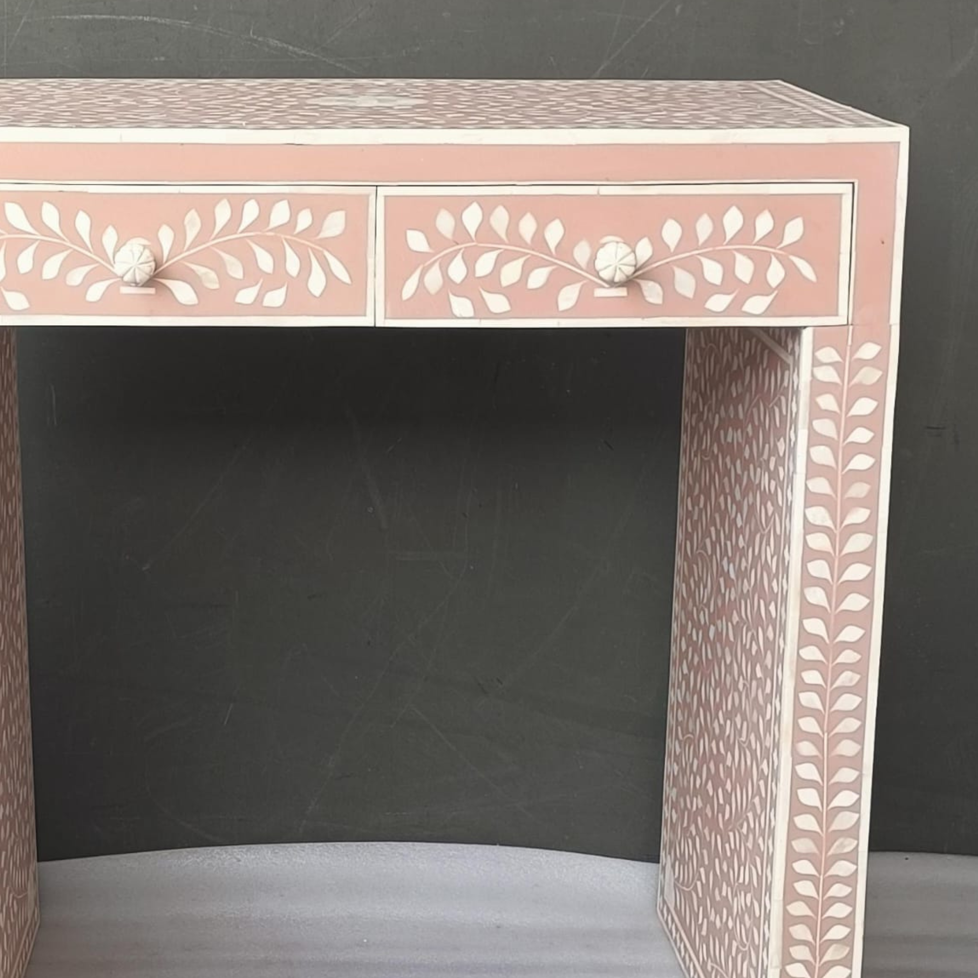 Handmade Bone Inlay Floral Console Table – Peach White Entryway Table, Luxury Hallway Table, Artisan Inlay Furniture