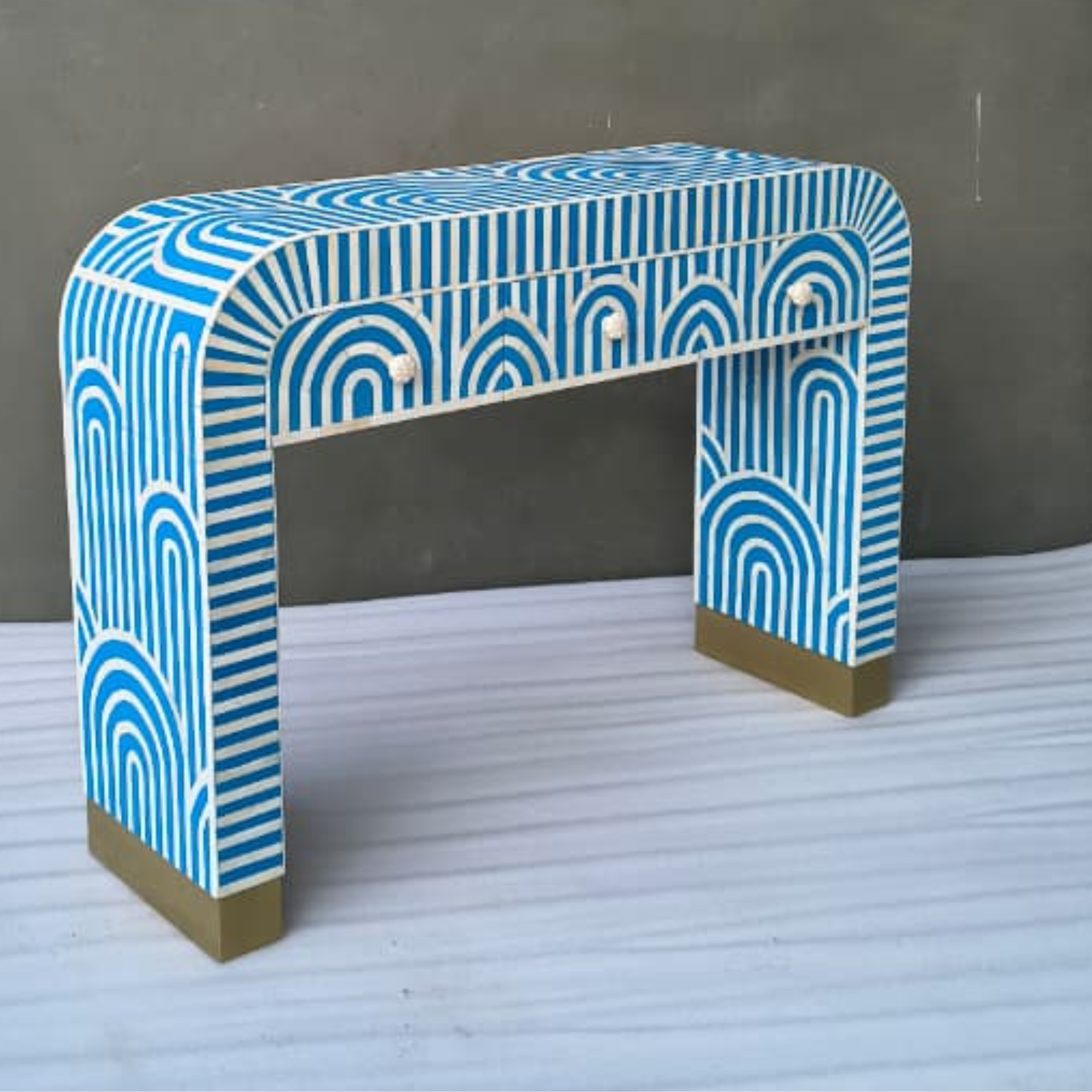Handmade Bone Inlay 3 Drawer Console Table | Blue Striped Arch Design Entryway Table | Luxury Modern Hallway Furniture