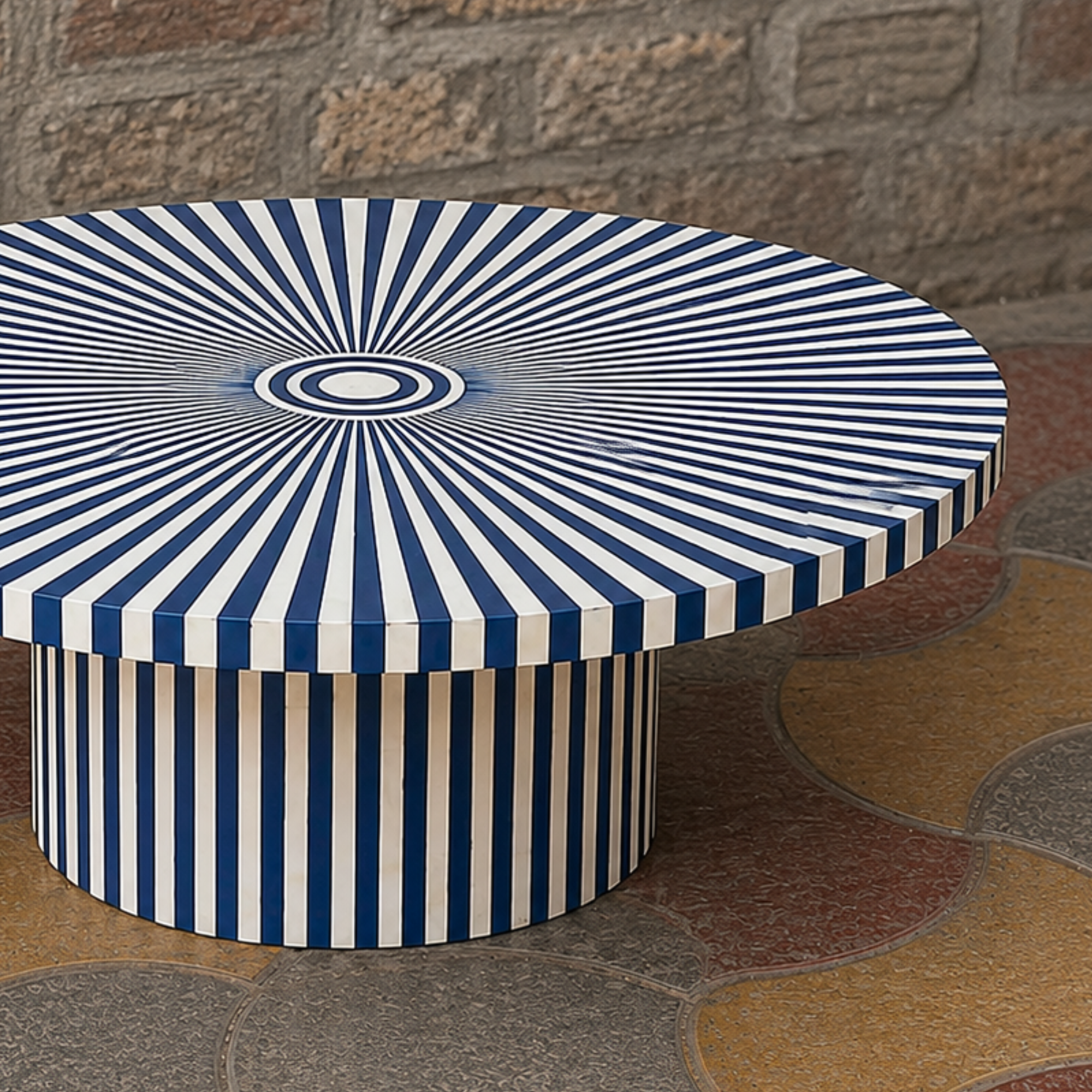 Blue & White Striped Bone Inlay Coffee Table – Handmade Round Center Table