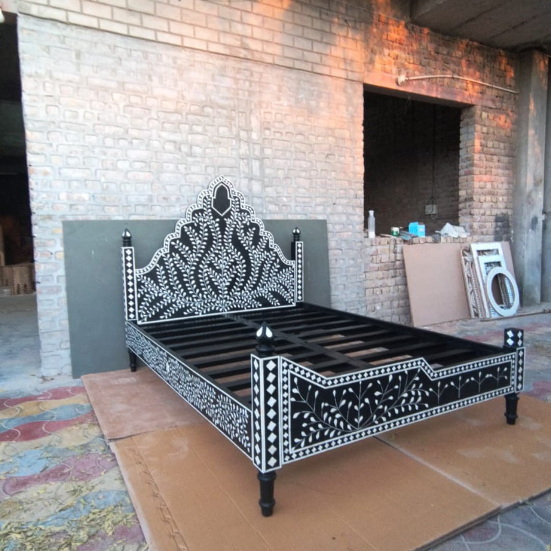 Black Bone Inlay Bed Frame Floral Handmade Luxury Bed King Queen Size Wooden Bed Frame Boho Chic Bedroom Furniture
