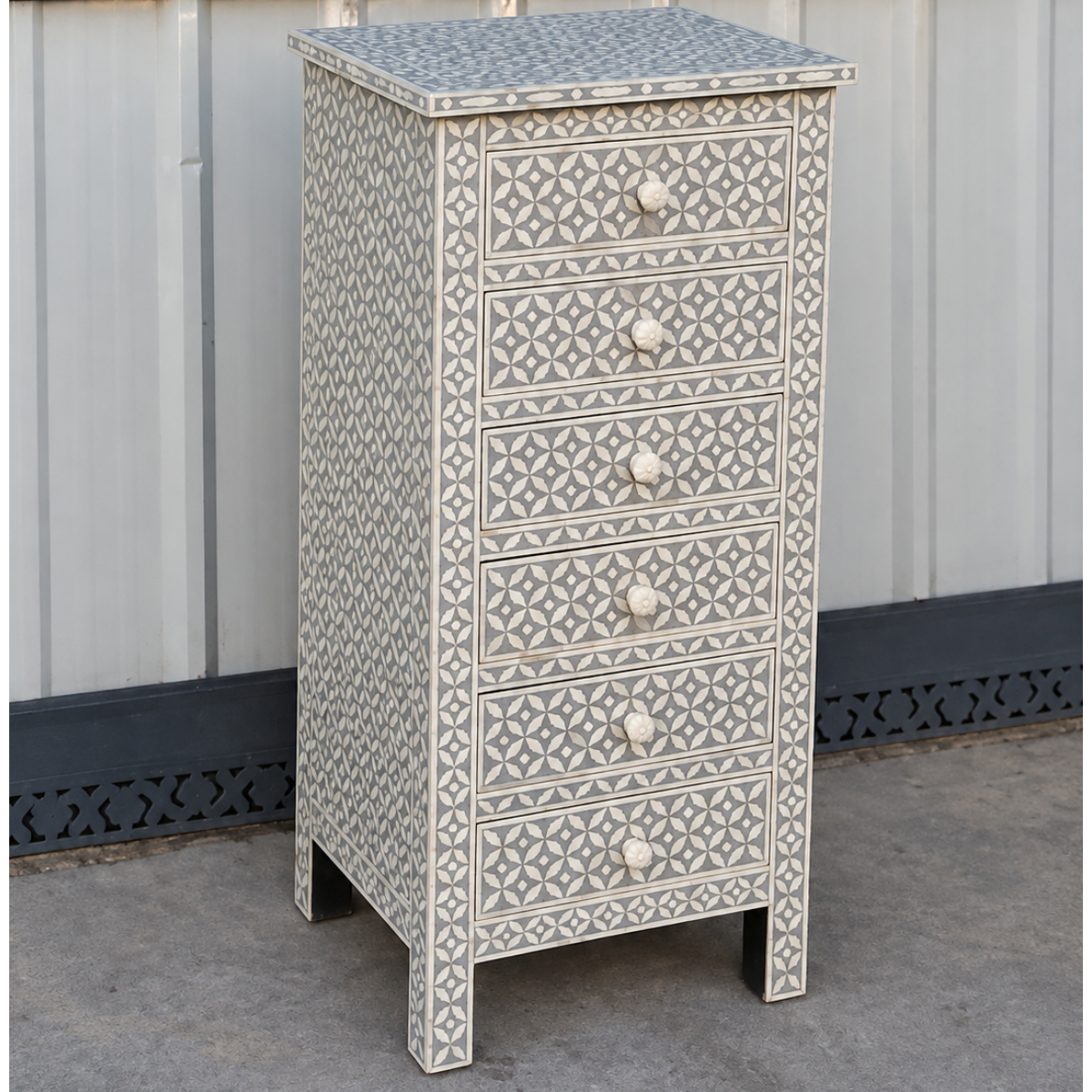 Handmade Grey Bone Inlay 6 Drawer Tallboy Chest – Geometric Design