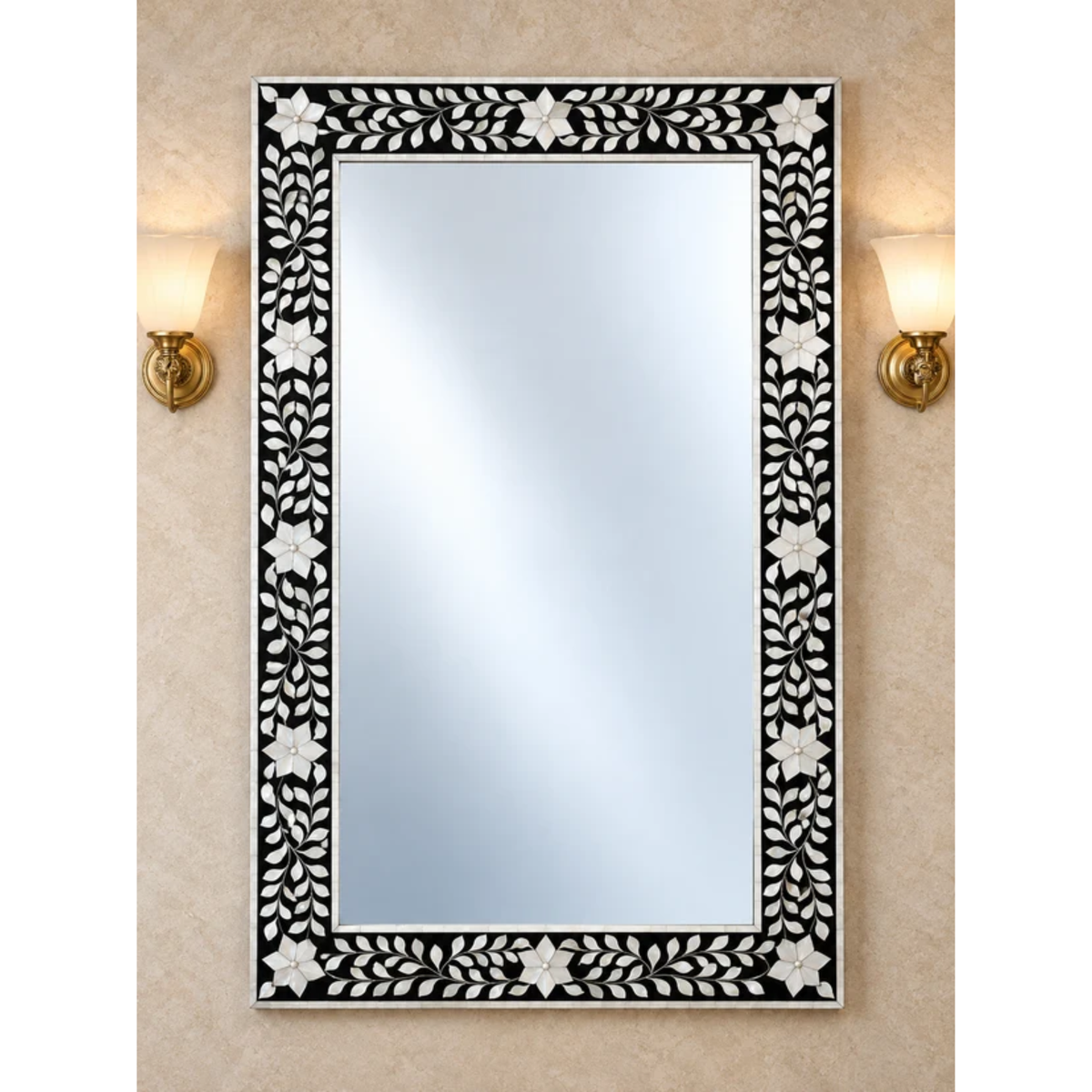 Black Mother of Pearl Inlay Mirror – Handmade Floral Rectangular Wall Mirror