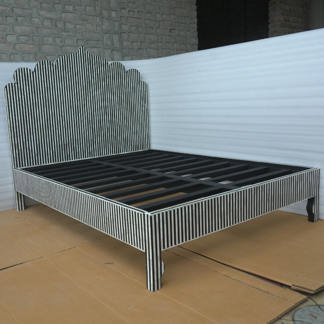 Black White Stripe Bone Inlay Bed Scalloped Headboard Handmade Modern Luxury Bed Frame Platform Bed Custom Size Furniture