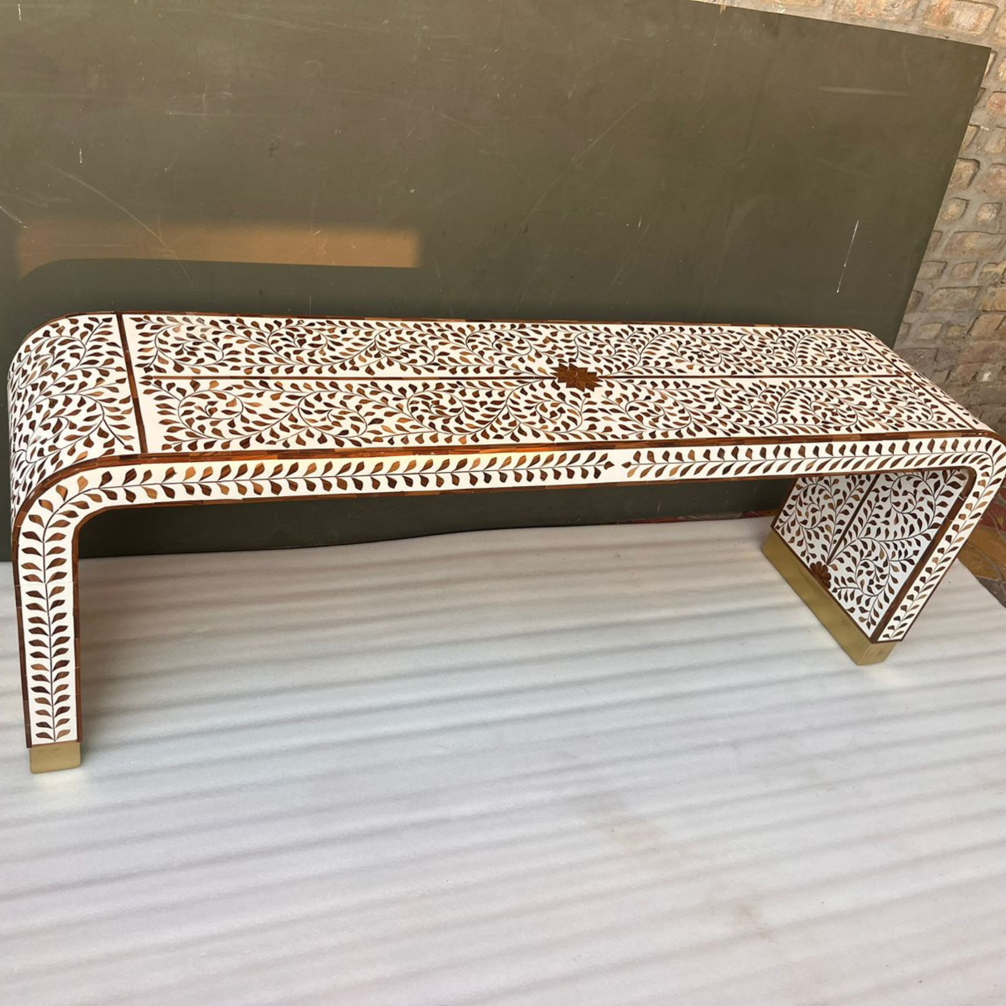 Handmade Bone Inlay Floral Console Table – White Wooden Entryway Table, Luxury Hallway Furniture, Artisan Inlay Table