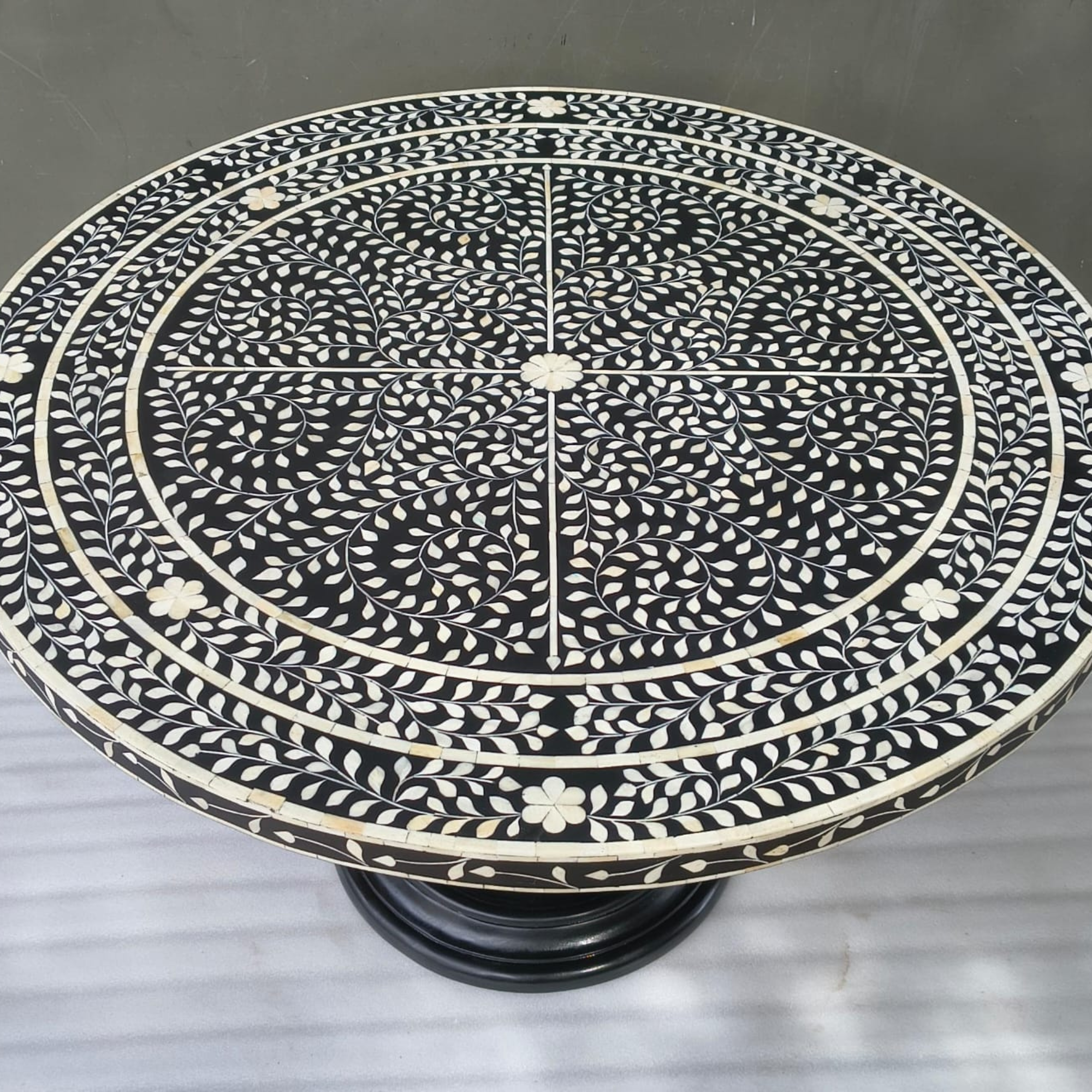 Handmade Bone Inlay Floral Dining Table – Black White Round Dining Table, Luxury Pedestal Table, Artisan Inlay Furniture