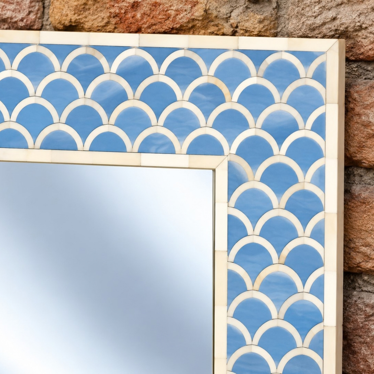 Handmade Light Blue Bone Inlay Rectangular Mirror – Scallop Pattern