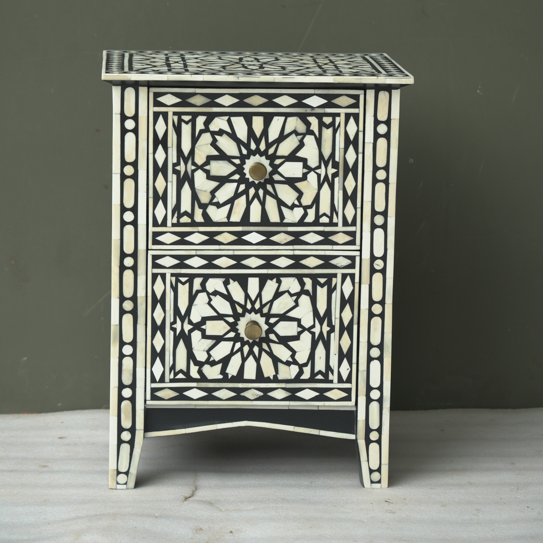 Handmade Bone Inlay Geometric Bedside Table Black White – 2 Drawer Luxury Nightstand Furniture