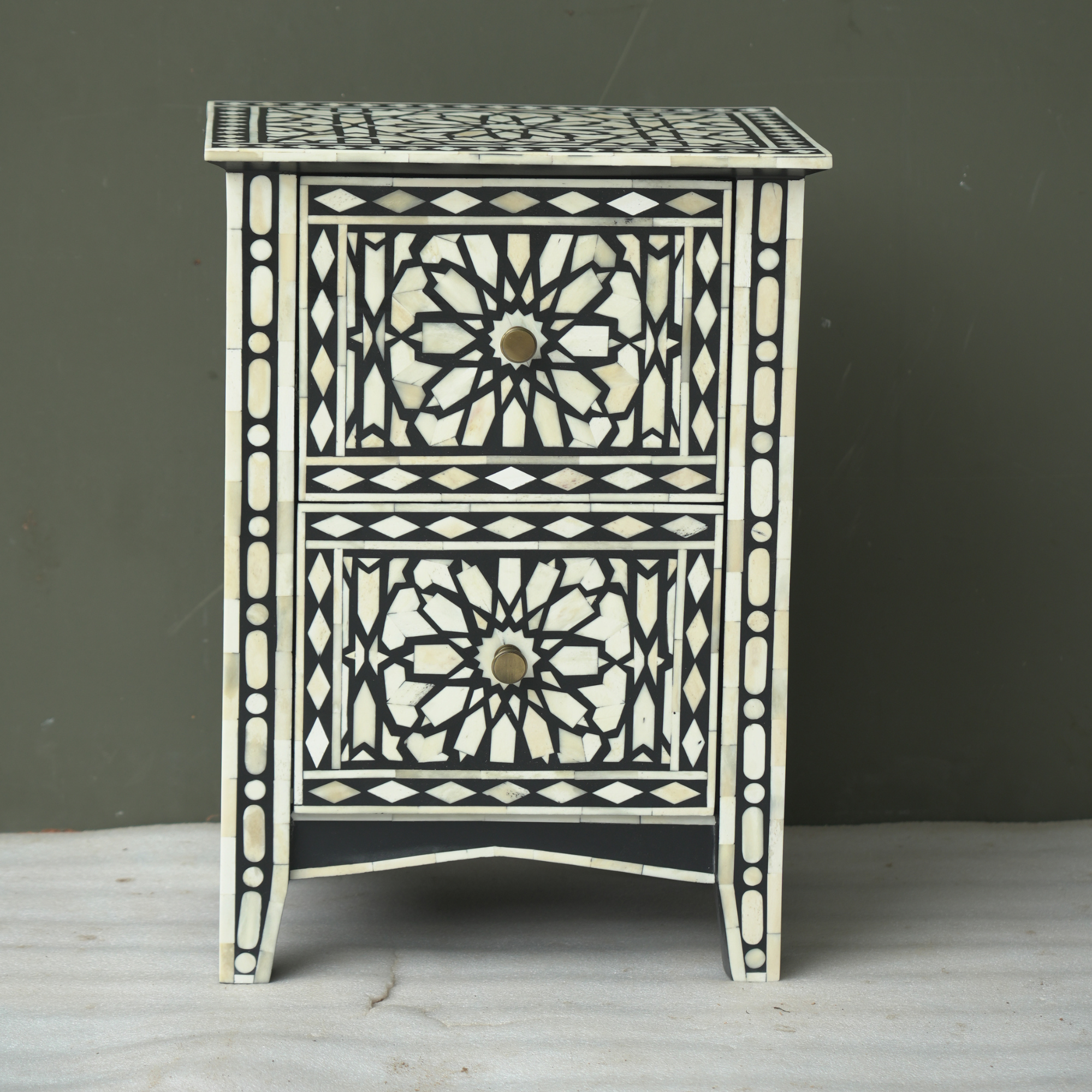 Handmade Bone Inlay Geometric Bedside Table Black White – 2 Drawer Luxury Nightstand Furniture