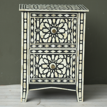 Handmade Bone Inlay Geometric Bedside Table Black White – 2 Drawer Luxury Nightstand Furniture