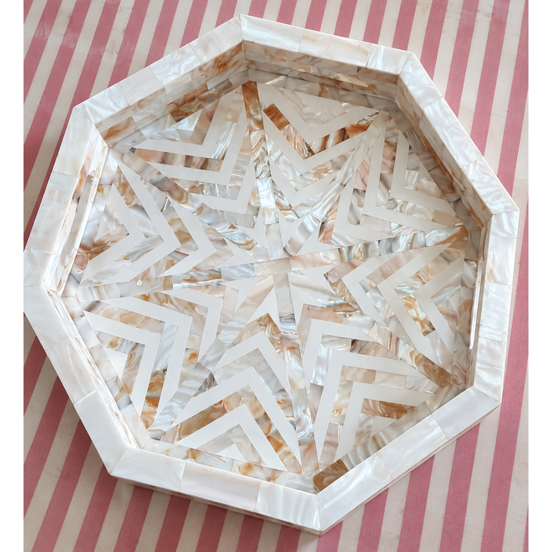 Handmade Mother of Pearl Inlay Octagonal Serving Tray – White Geometric Decorative Tray