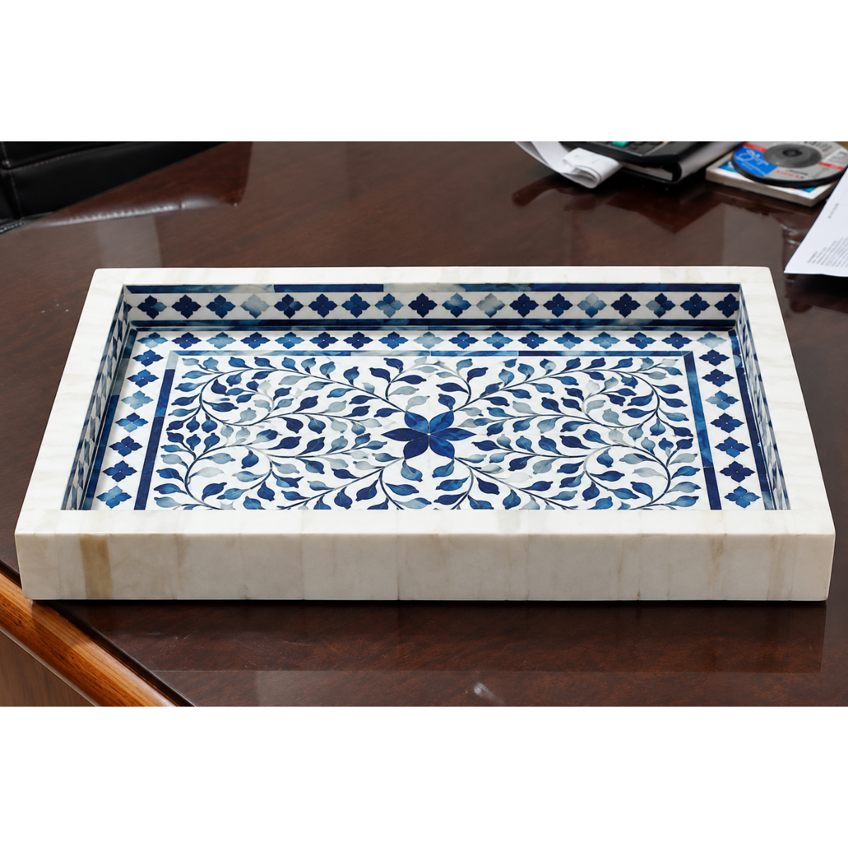 Handmade Blue & White Bone Inlay Serving Tray – Floral Leaf Design