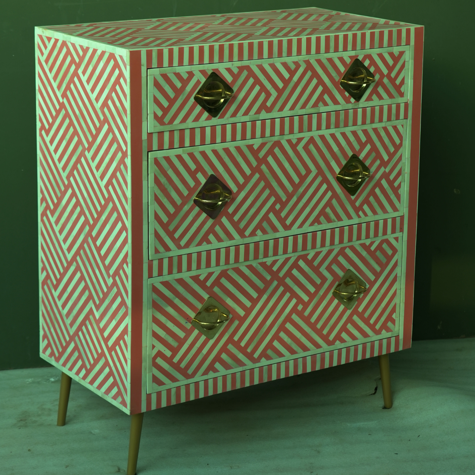 Handmade Bone Inlay Geometric Chest of Drawers Pink Coral – 3 Drawer Storage Cabinet Modern Luxury Furniture