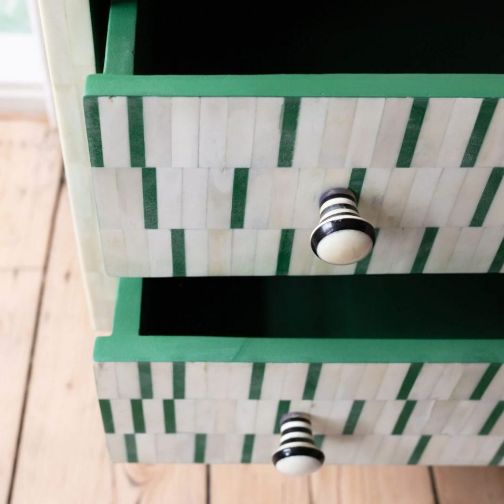 Handmade Bone Inlay Bedside Table Green Stripe Design 2 Drawer Nightstand Modern Wooden Furniture
