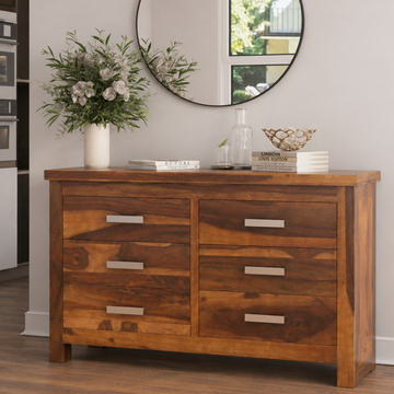 Mid Century Solid Wood 6 Drawer Dresser | Modern Wooden Chest of Drawers | Bedroom Storage Cabinet