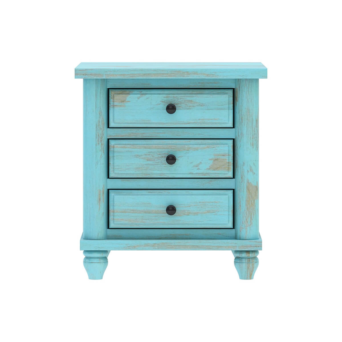 Distressed Turquoise Bedside Table with 3 Drawers | Vintage Wooden Nightstand | Rustic Farmhouse Side Table
