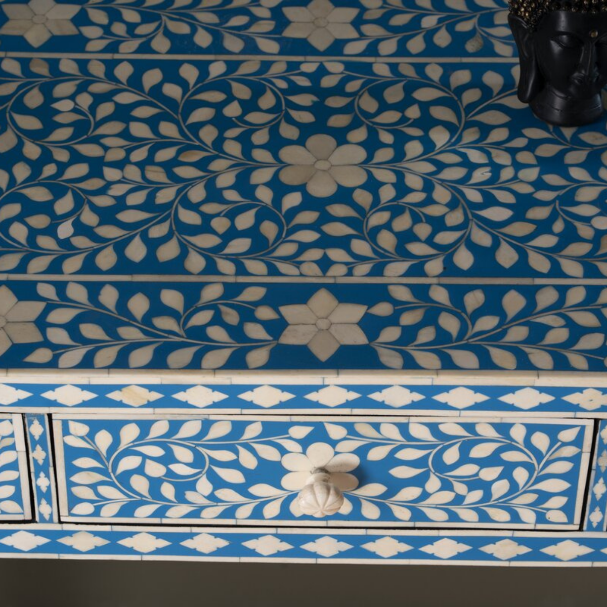 Blue Bone Inlay Console Table with 3 Drawers | Handmade Floral Entryway Console