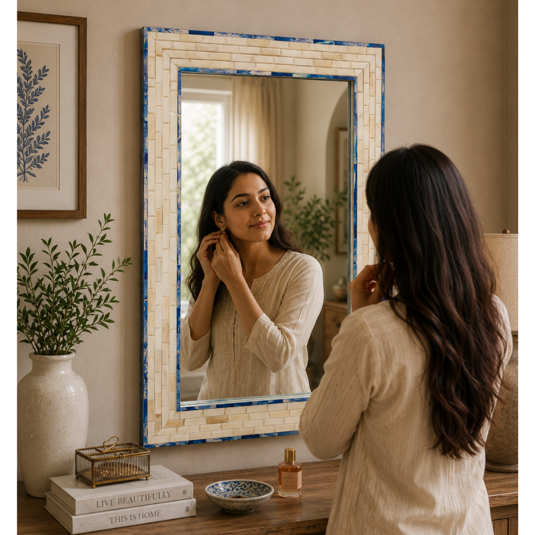 Blue Bone Inlay Mirror – Handmade Decorative Wall Mirror Frame