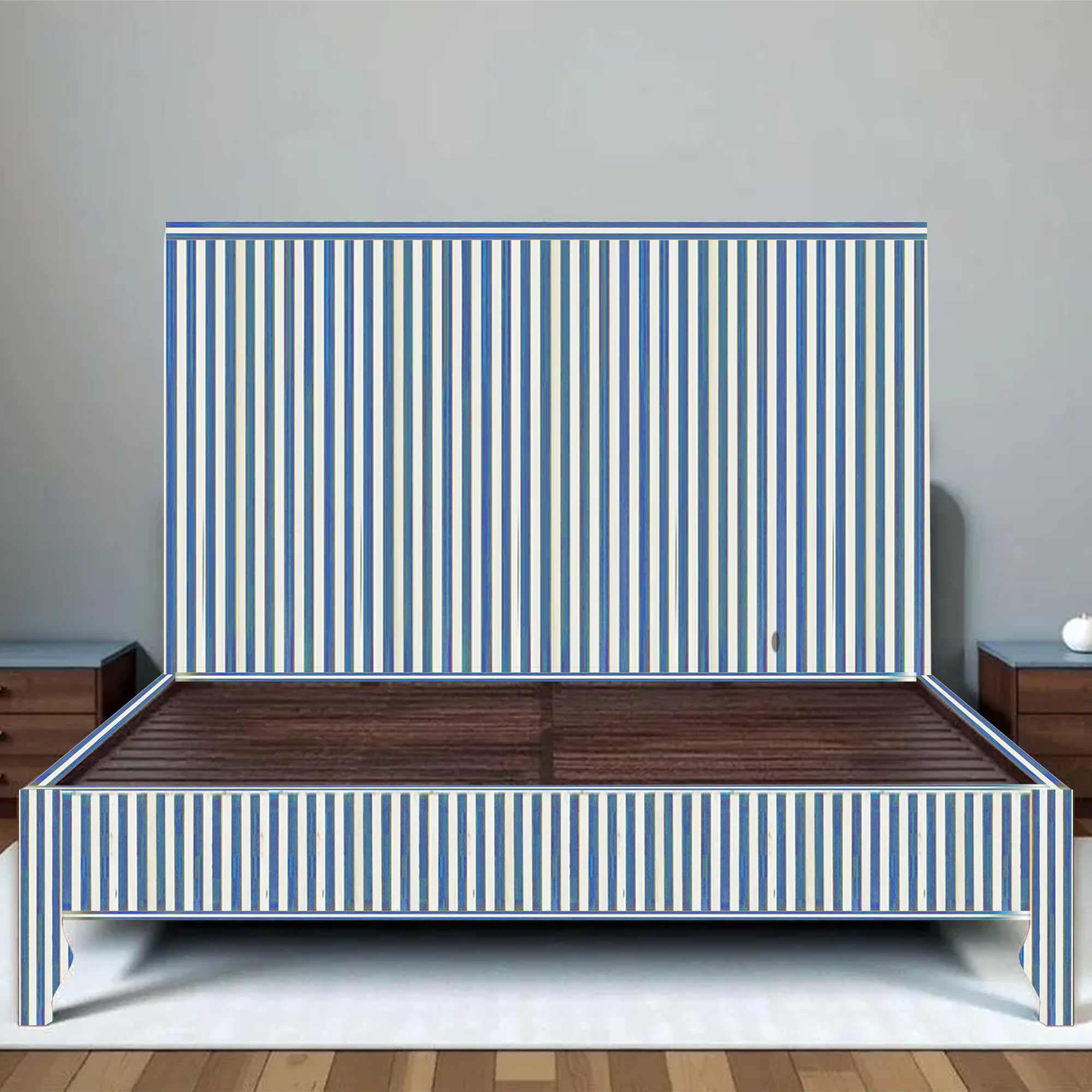 Black White Stripe Bone Inlay Bed Minimal Handmade Modern Platform Bed Frame