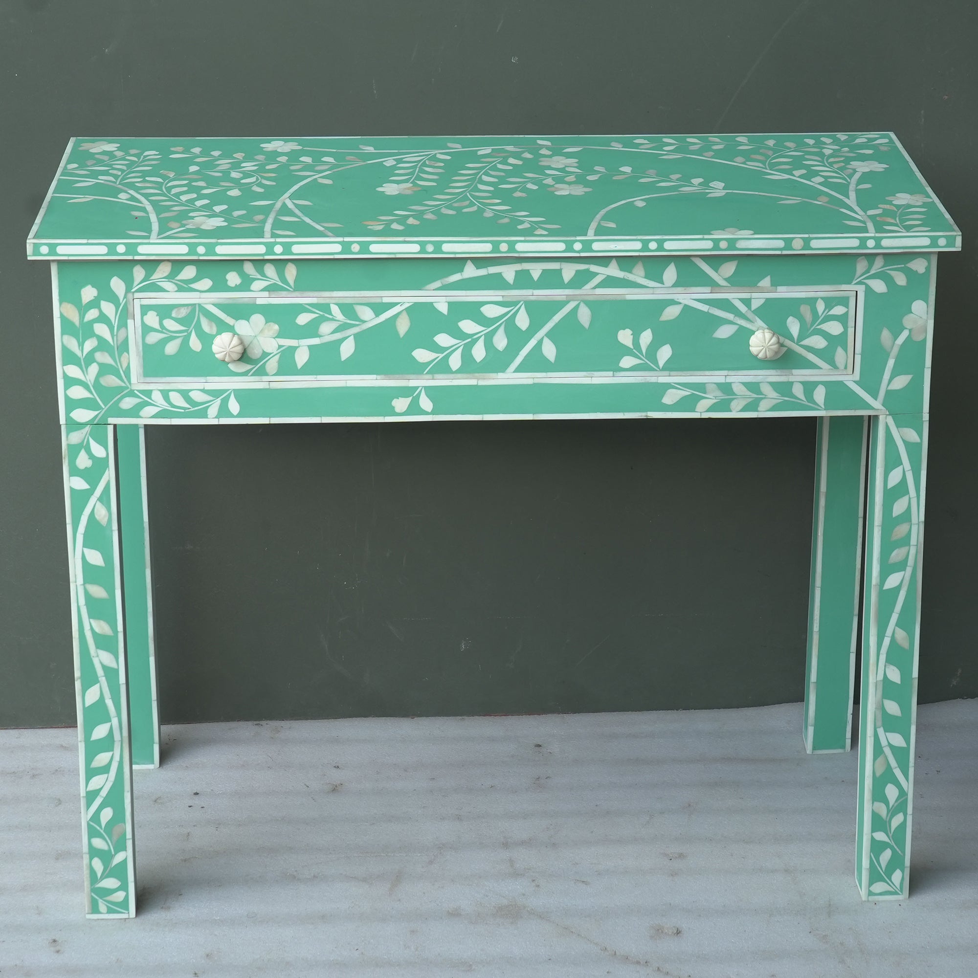 Handmade Bone Inlay Floral Console Table – Green White Entryway Table with Drawer, Luxury Hallway Furniture