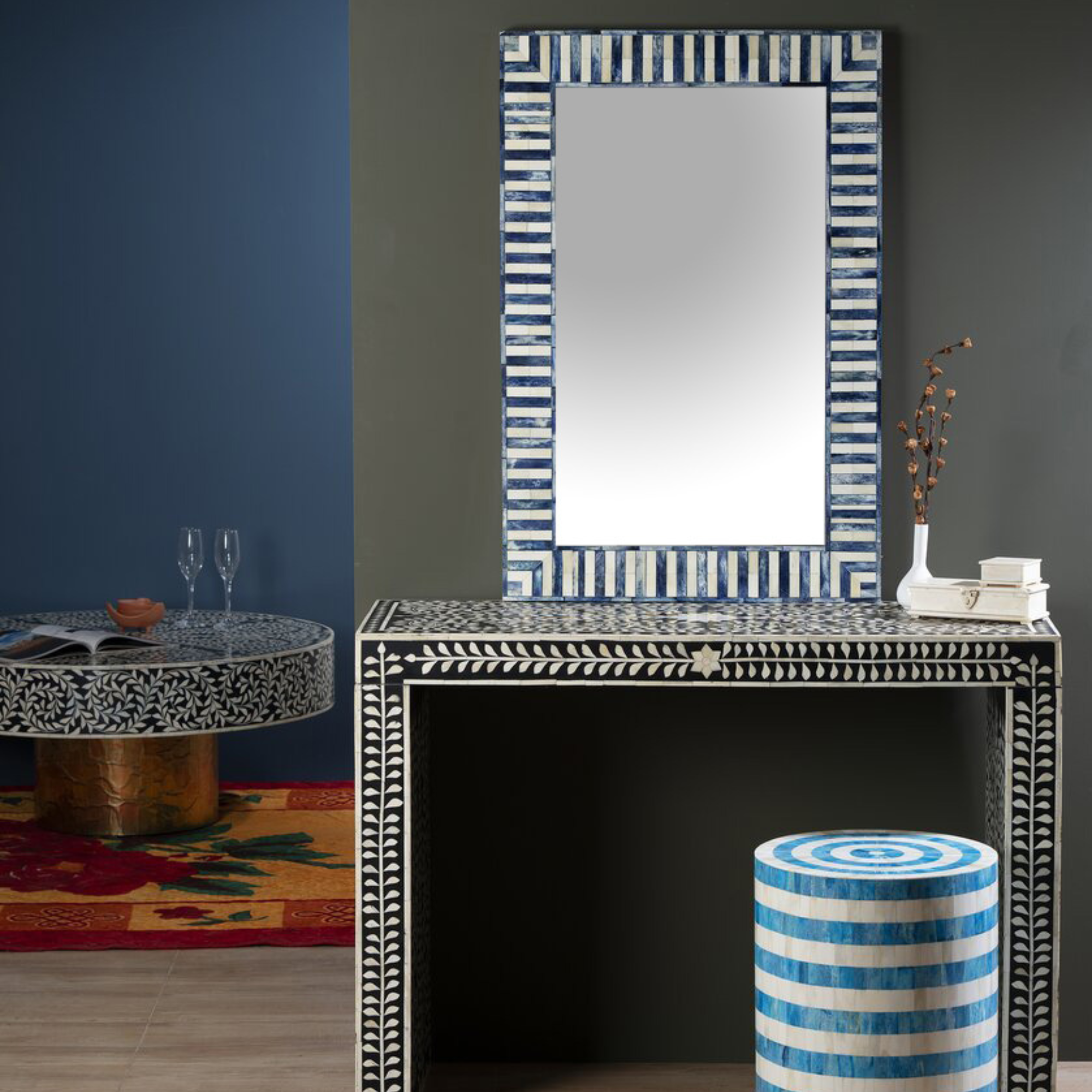 Handmade Blue Bone Inlay Mirror Frame | Luxury Striped Mosaic Wall Mirror | Indian Artisan Decorative Bathroom Vanity Mirror | Coastal Home Decor